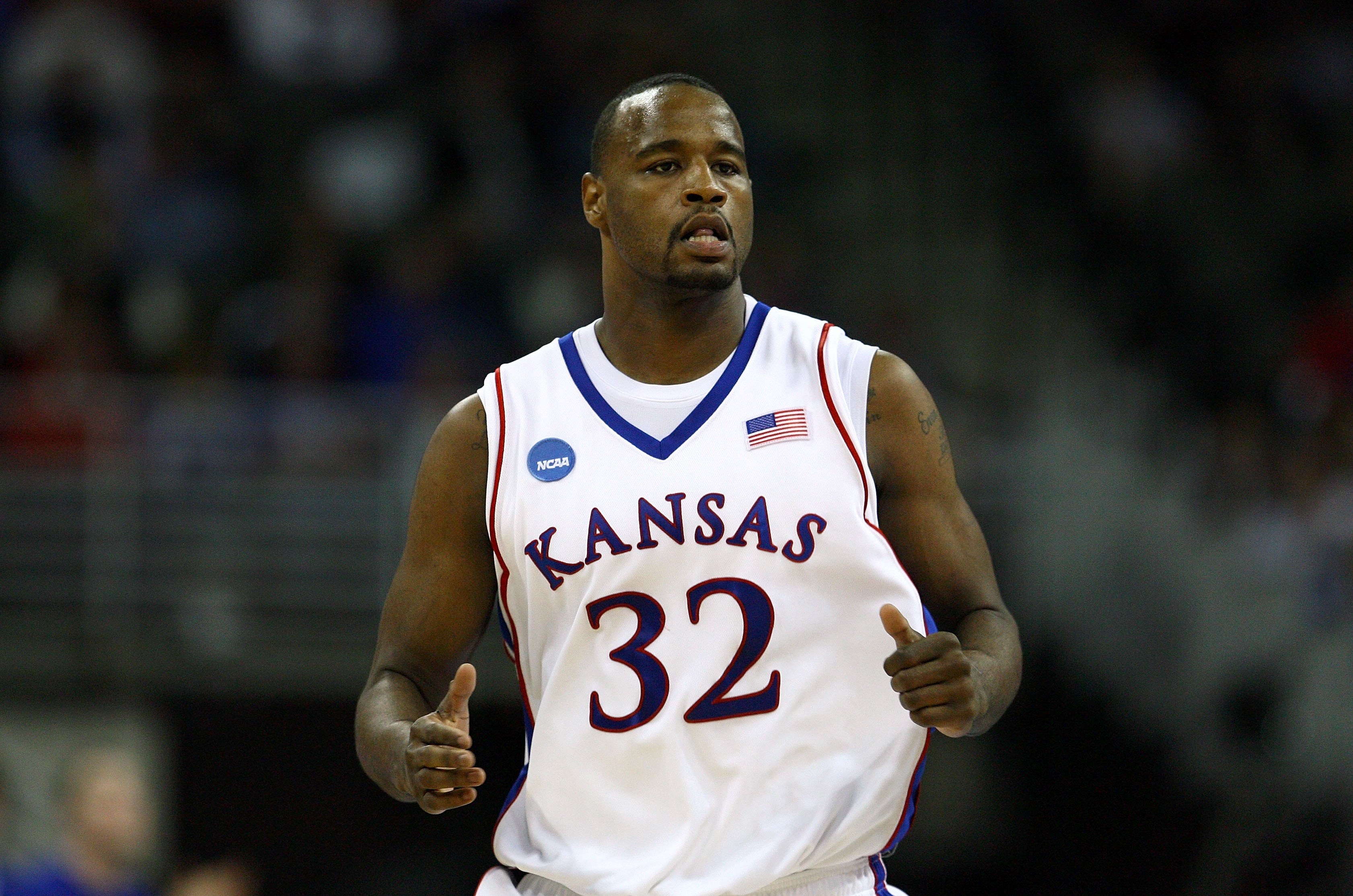 OMAHA, NE - MARCH 20:  Darnell Jackson #32 of the Kansas Jayhawks runs up court against the Portland State Vikings during the Midwest Region first round of the 2008 NCAA Men's Basketball Tournament on March 20, 2008 at the Qwest Center in Omaha, Nebraska.