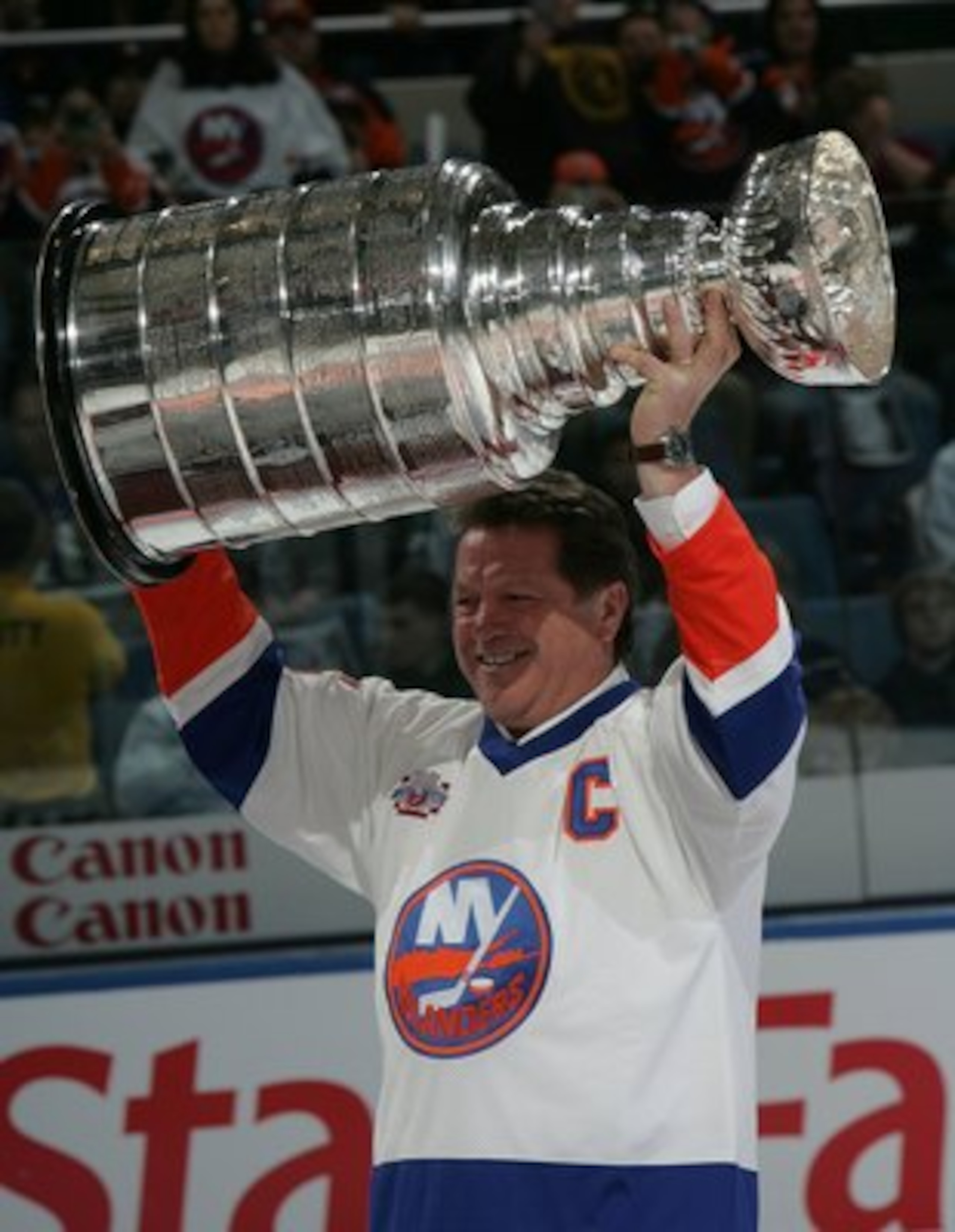 UNIONDALE, NY - MARCH 02:  Denis Potvin of 'The 'Core of the Four' New York Islanders Stanley Cup championships take part in a ceremony prior to the Islanders game against the Florida Panthers on March 2, 2008 at the Nassau Coliseum in Uniondale, New York