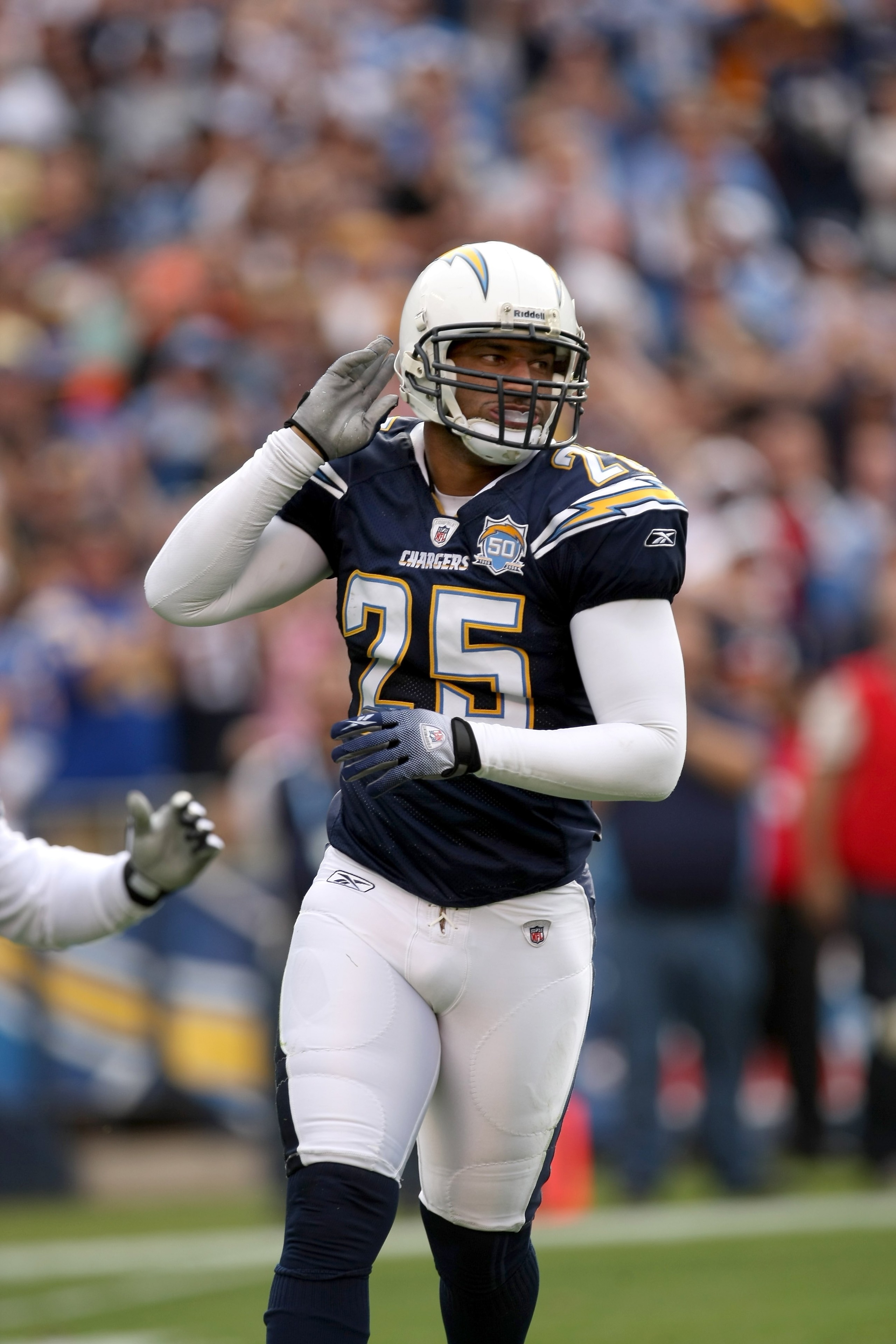SAN DIEGO - DECEMBER 20:  Safety Kevin Ellison #25 of the San Diego Chargers celebrates his sack during the game with the Cincinnati Bengals on December 20, 2009 at Qualcomm Stadium in San Diego, California.  The Chargers won 27-24.  (Photo by Stephen Dun