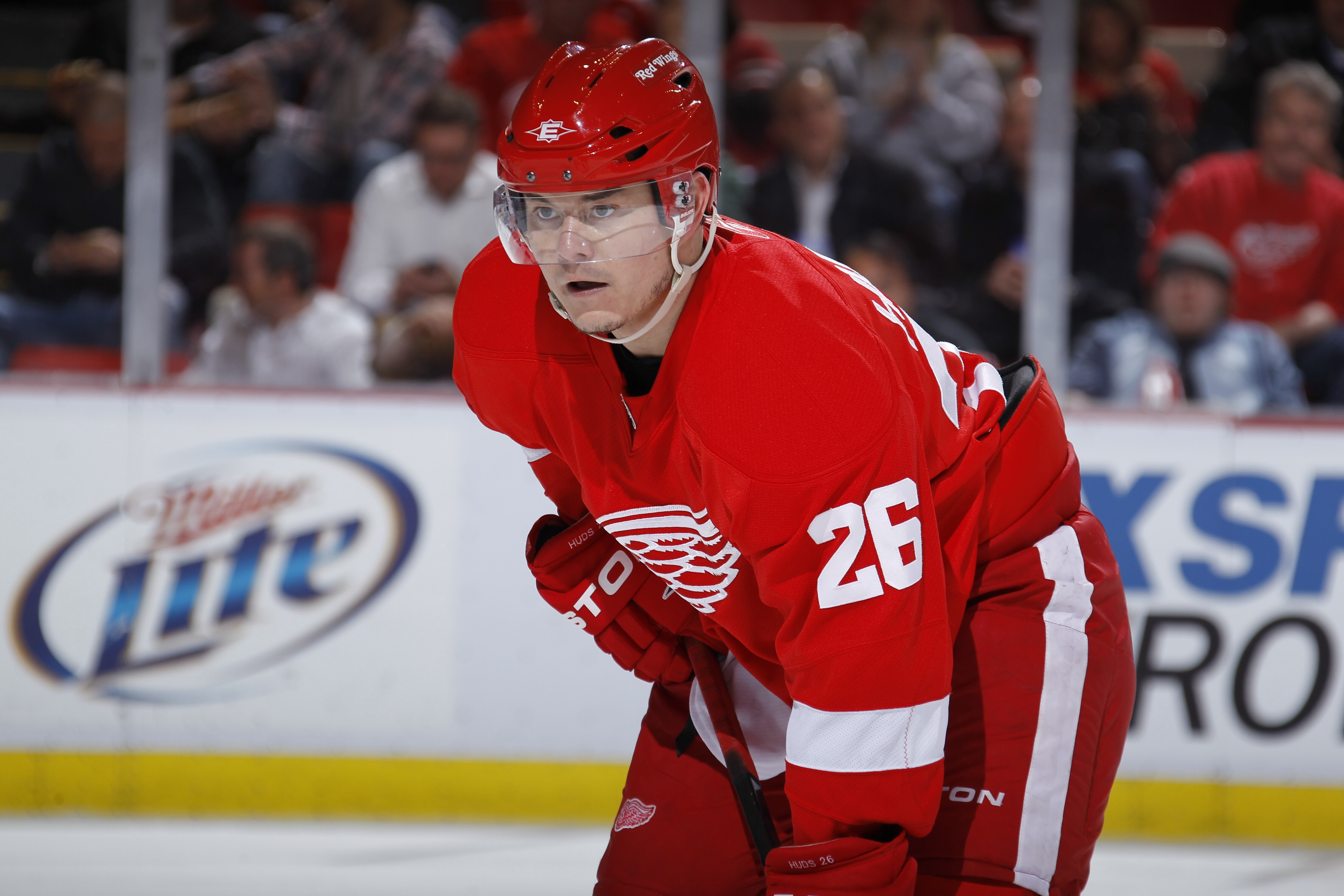 DETROIT - MAY 6: Jiri Hudler #26 of the Detroit Red Wings looks on while playing the San Jose Sharks in Game Four of the Western Conference Semifinals during the 2011 NHL Stanley Cup Playoffs on May 6, 2011 at Joe Louis Arena in Detroit, Michigan. (Photo