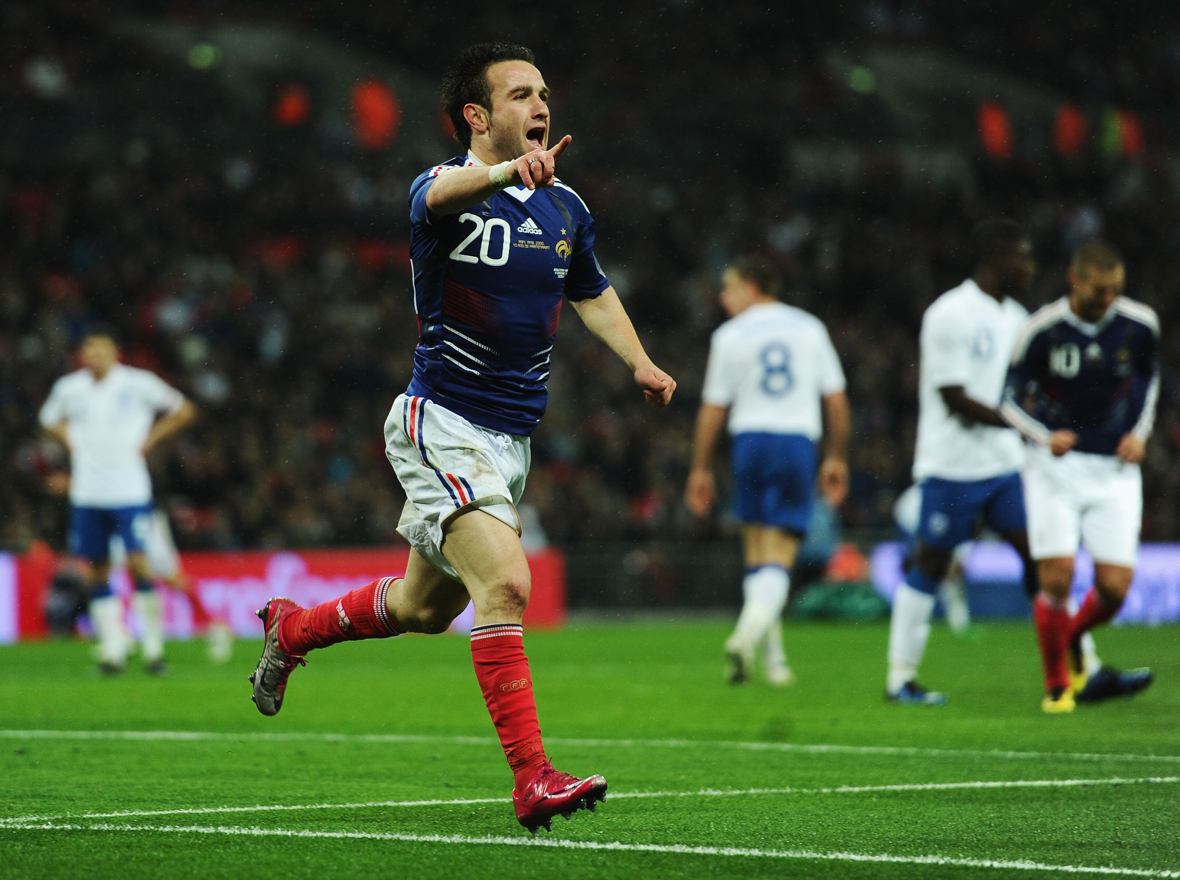 LONDON, ENGLAND - NOVEMBER 17:  Mathieu Valbuena of France celebrates as he scores their second goal during the international friendly match between England and France at Wembley Stadium on November 17, 2010 in London, England.  (Photo by Laurence Griffit