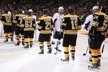BOSTON, MA - MAY 27:  The Tampa Bay Lightning congratulate the Boston Bruins after the Bruins defeated the Lightning 1 to 0 in Game Seven of the Eastern Conference Finals during the 2011 NHL Stanley Cup Playoffs at TD Garden on May 27, 2011 in Boston, Mas
