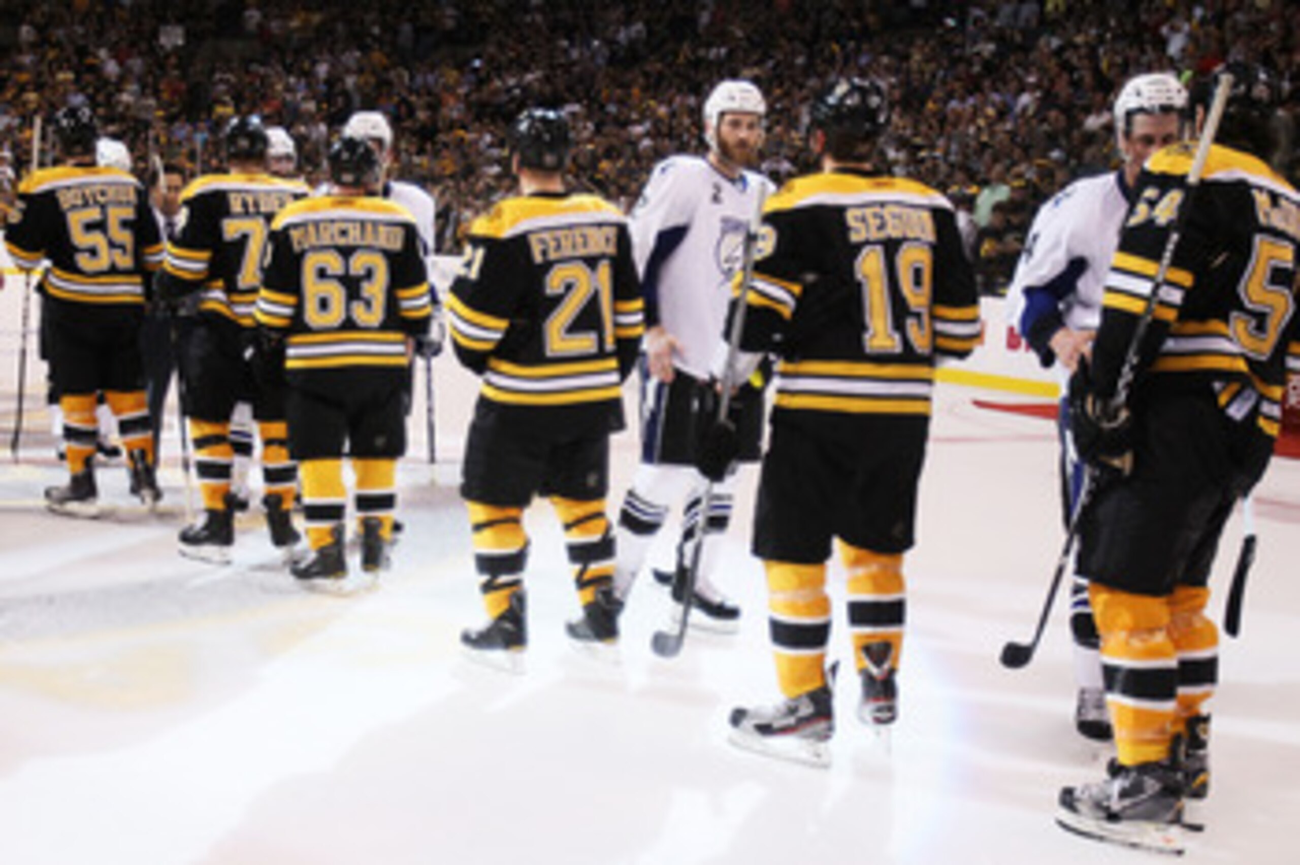 BOSTON, MA - MAY 27:  The Tampa Bay Lightning congratulate the Boston Bruins after the Bruins defeated the Lightning 1 to 0 in Game Seven of the Eastern Conference Finals during the 2011 NHL Stanley Cup Playoffs at TD Garden on May 27, 2011 in Boston, Mas