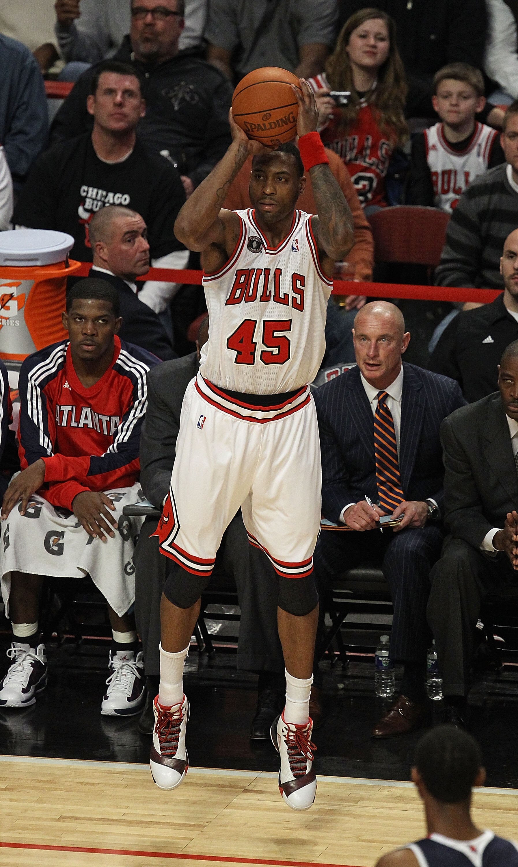 CHICAGO, IL - MARCH 11: Rasual Butler #45 of the Chicago Bulls gets his first playing time and basket as a member of the Bulls against the Atlanta Hawks at the United Center on March 11, 2011 in Chicago, Illinois. The Bulls defeated the Hawks 94-76. NOTE