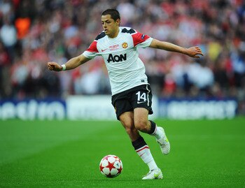 LONDON, ENGLAND - MAY 28:  Javier Hernandez of Manchester United in action during the UEFA Champions League final between FC Barcelona and Manchester United FC at Wembley Stadium on May 28, 2011 in London, England.  (Photo by Clive Mason/Getty Images)
