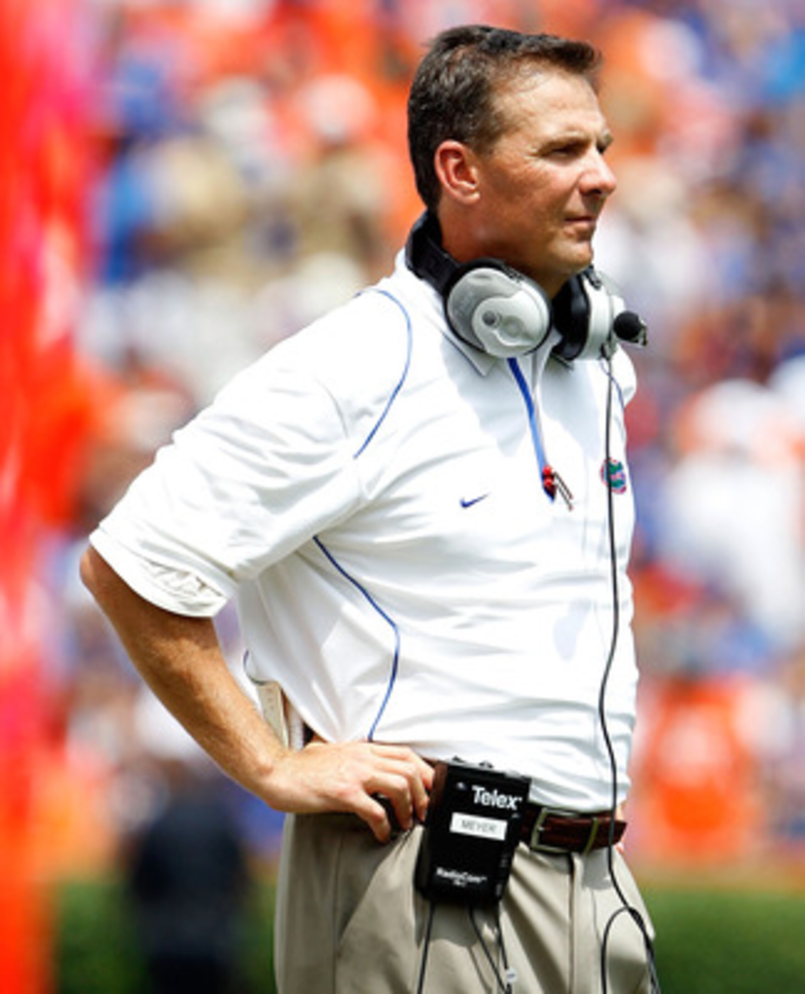 GAINESVILLE, FL - SEPTEMBER 04:  Head coach Urban Meyer of the Florida Gators watches the action against the Miami University RedHawks at Ben Hill Griffin Stadium on September 4, 2010 in Gainesville, Florida.  (Photo by Sam Greenwood/Getty Images)