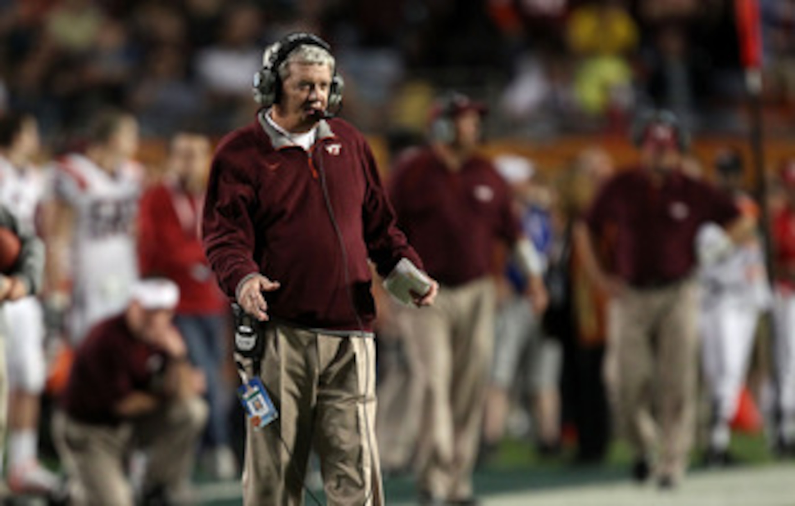 MIAMI, FL - JANUARY 03: Head coach Frank Beamer of the Virginia Tech Hokies looks on against the Stanford Cardinal during the 2011 Discover Orange Bowl at Sun Life Stadium on January 3, 2011 in Miami, Florida. Stanford won 40-12. (Photo by Streeter Lecka/