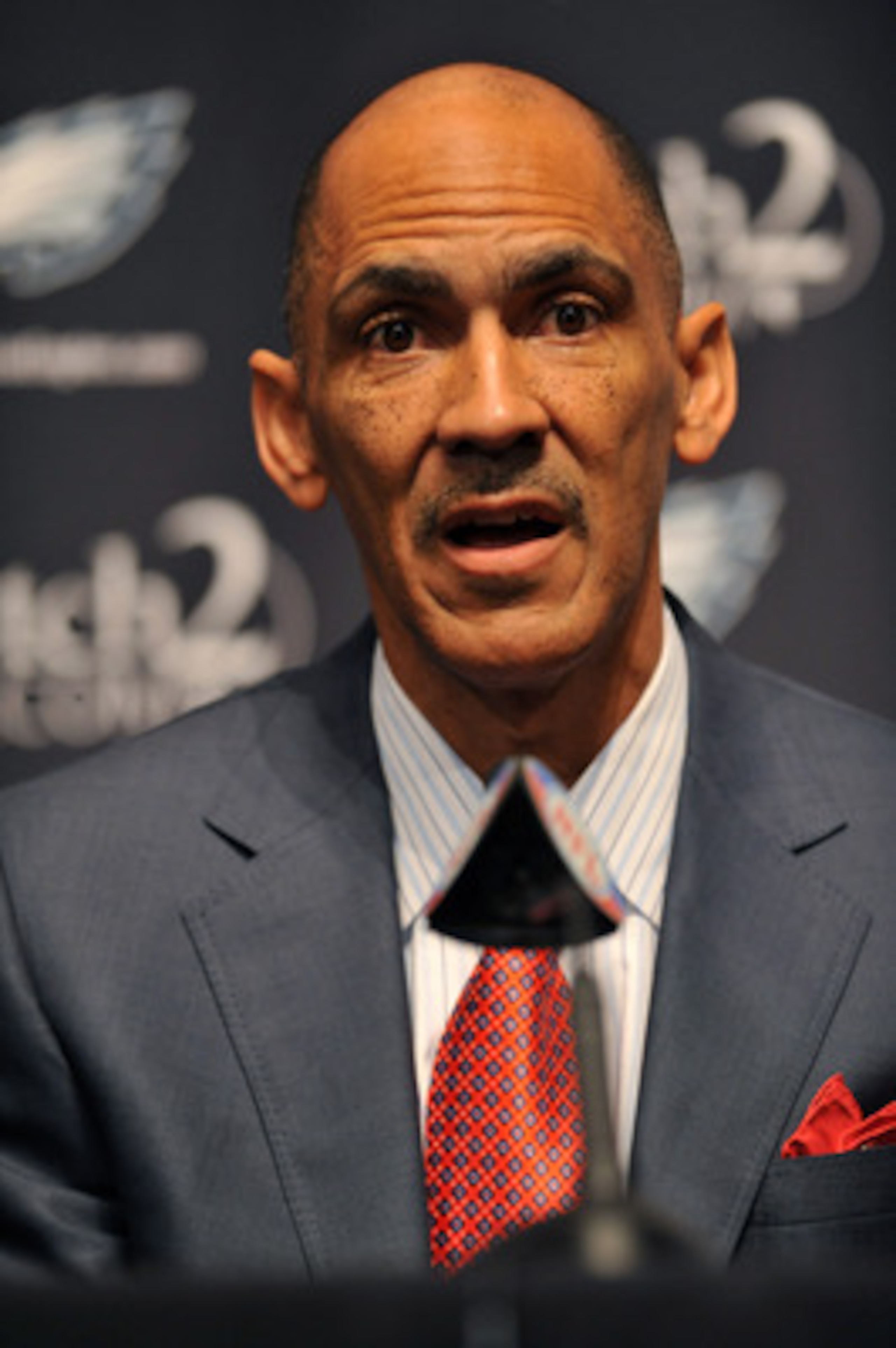 PHILADELPHIA - AUGUST 14: Tony Dungy speaks at a press conference introducing Michael Vick at the NovaCare Complex on August 14, 2009 in Philadelphia, Pennsylvania. Vick signed a one-year contract, with a second year option, with the Eagles.  (Photo by La