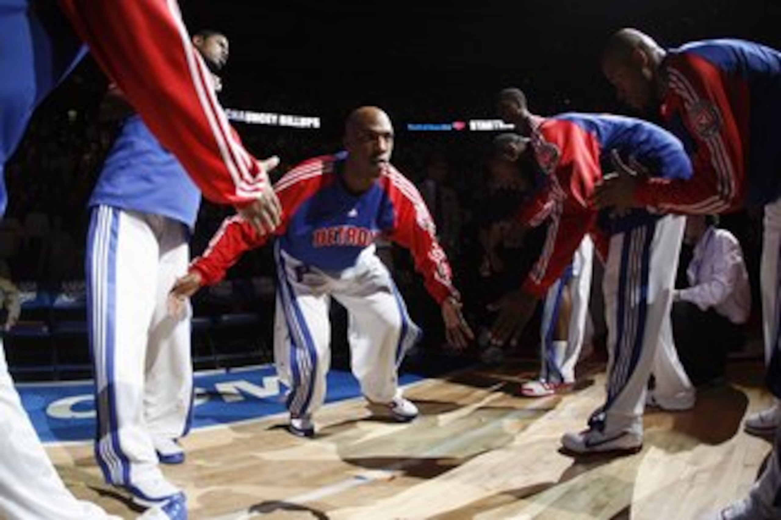 AUBURN HILLS, MI - MAY 30: Chauncey Billups #1 of the Detroit Pistons greets his teammates as he enters the court during player introductions prior to Game Six of the Eastern Conference Finals against the Boston Celtics during the 2008 NBA Playoffs at th AUBURN HILLS, MI - MAY 30: Chauncey Billups #1 of the Detroit Pistons greets his teammates as he enters the court during player introductions prior to Game Six of the Eastern Conference Finals against the Boston Celtics during the 2008 NBA Playoffs at th