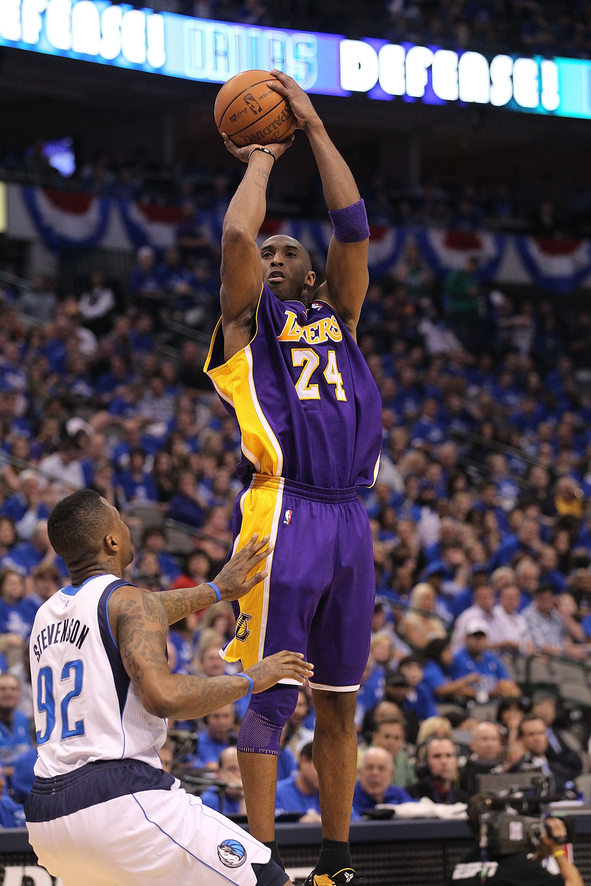 DALLAS, TX - MAY 06:  Guard Kobe Bryant #24 of the Los Angeles Lakers takes a shot against DeShawn Stevenson #92 of the Dallas Mavericks in Game Three of the Western Conference Semifinals during the 2011 NBA Playoffs on May 6, 2011 at American Airlines Ce
