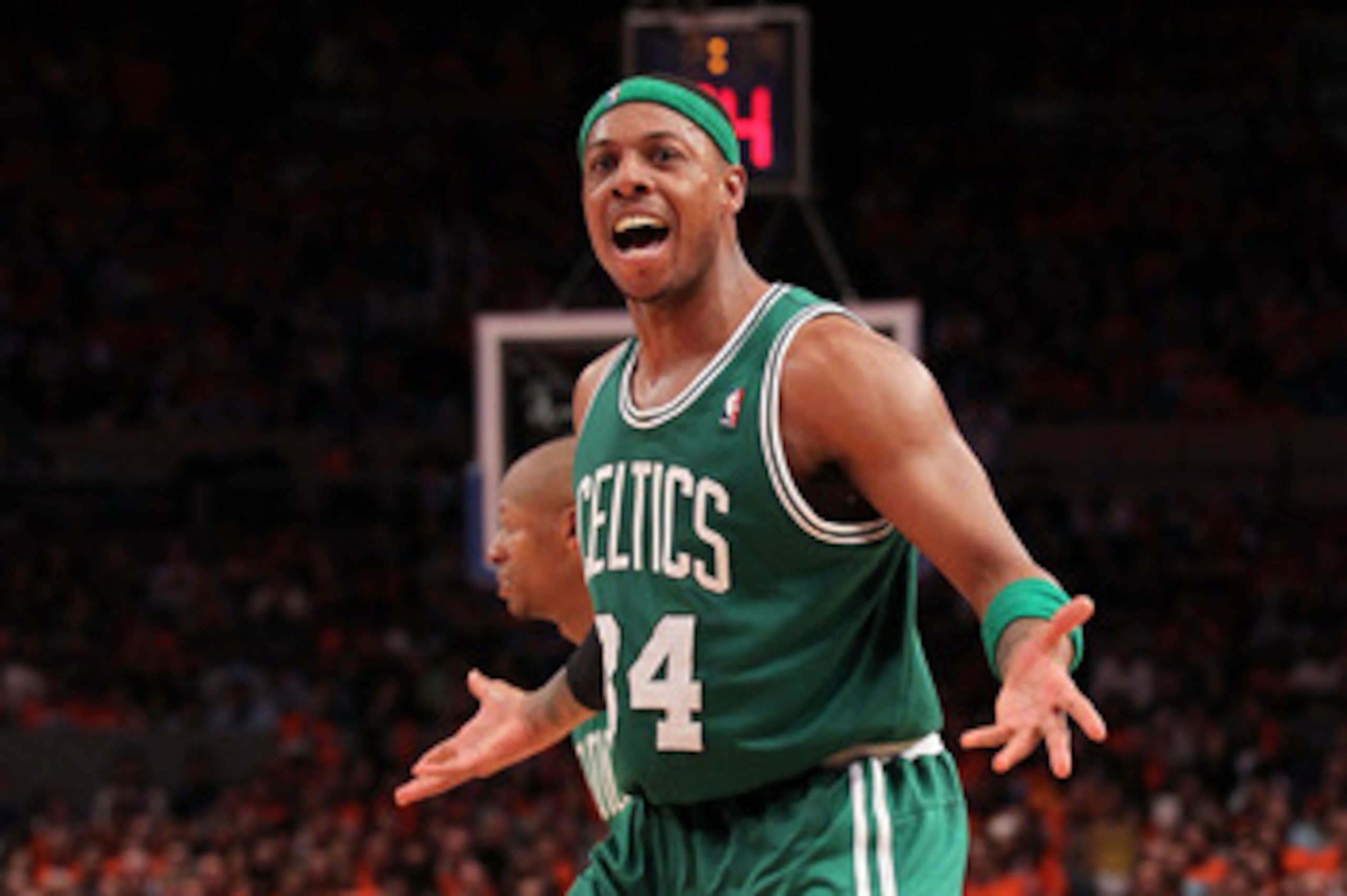 NEW YORK, NY - APRIL 24: Paul Pierce #34 of the Boston Celtics reacts against the New York Knicks in Game Four of the Eastern Conference Quarterfinals during the 2011 NBA Playoffs on April 24, 2011 at Madison Square Garden in New York City. NOTE TO USER: NEW YORK, NY - APRIL 24: Paul Pierce #34 of the Boston Celtics reacts against the New York Knicks in Game Four of the Eastern Conference Quarterfinals during the 2011 NBA Playoffs on April 24, 2011 at Madison Square Garden in New York City. NOTE TO USER: