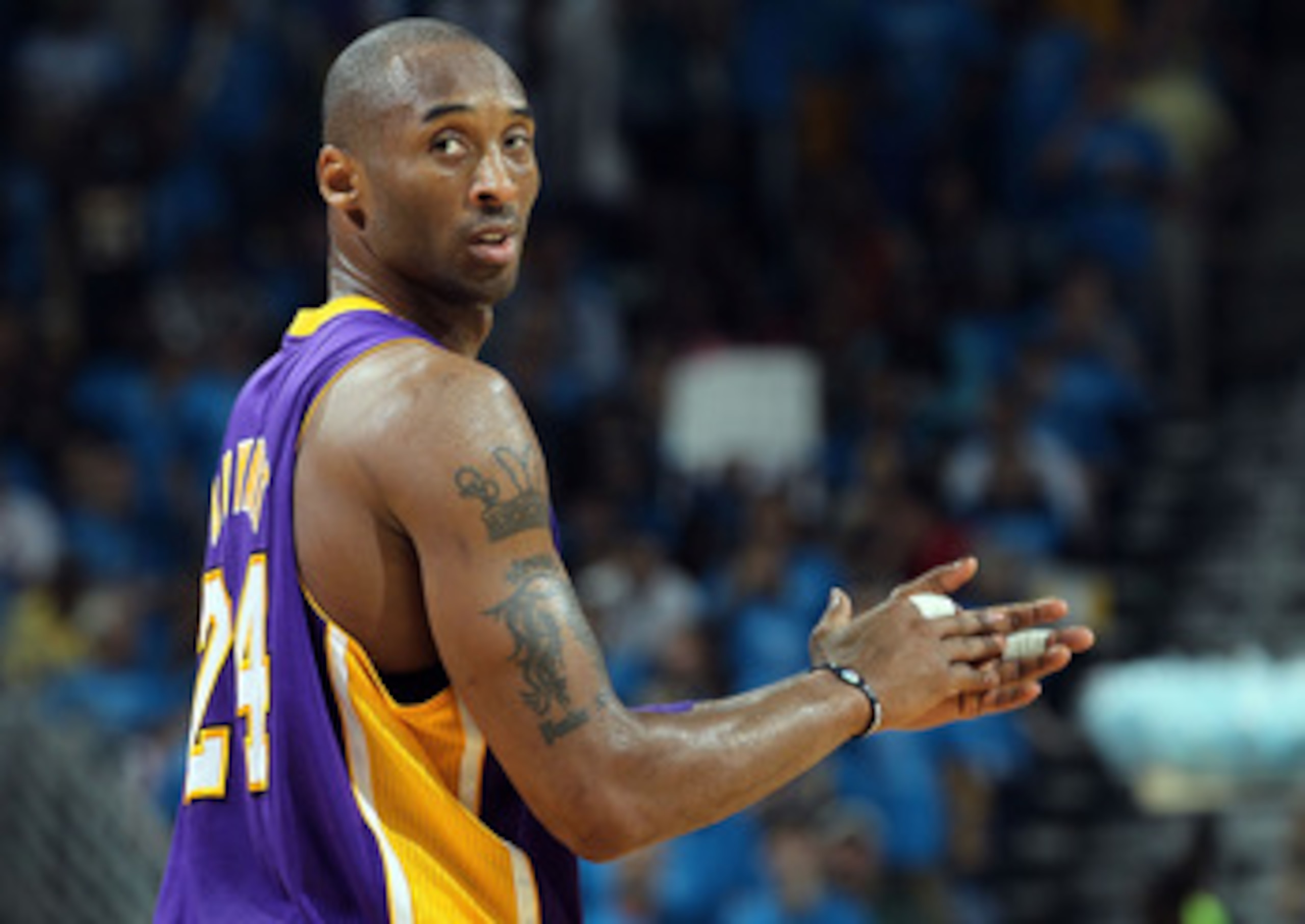 NEW ORLEANS, LA - APRIL 28: Kobe Bryant #24 of the Los Angeles Lakers reacts during play against the New Orleans Hornets in Game Six of the Western Conference Quarterfinals in the 2011 NBA Playoffs on April 28, 2011 at New Orleans Arena in New Orleans, L NEW ORLEANS, LA - APRIL 28: Kobe Bryant #24 of the Los Angeles Lakers reacts during play against the New Orleans Hornets in Game Six of the Western Conference Quarterfinals in the 2011 NBA Playoffs on April 28, 2011 at New Orleans Arena in New Orleans, L
