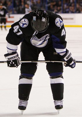 TAMPA, FL - MAY 19:  Marc-Andre Bergeron #47 of the Tampa Bay Lightning reacts in Game Three of the Eastern Conference Finals against the Boston Bruins during the 2011 NHL Stanley Cup Playoffs at St Pete Times Forum on May 19, 2011 in Tampa, Florida.  (Ph