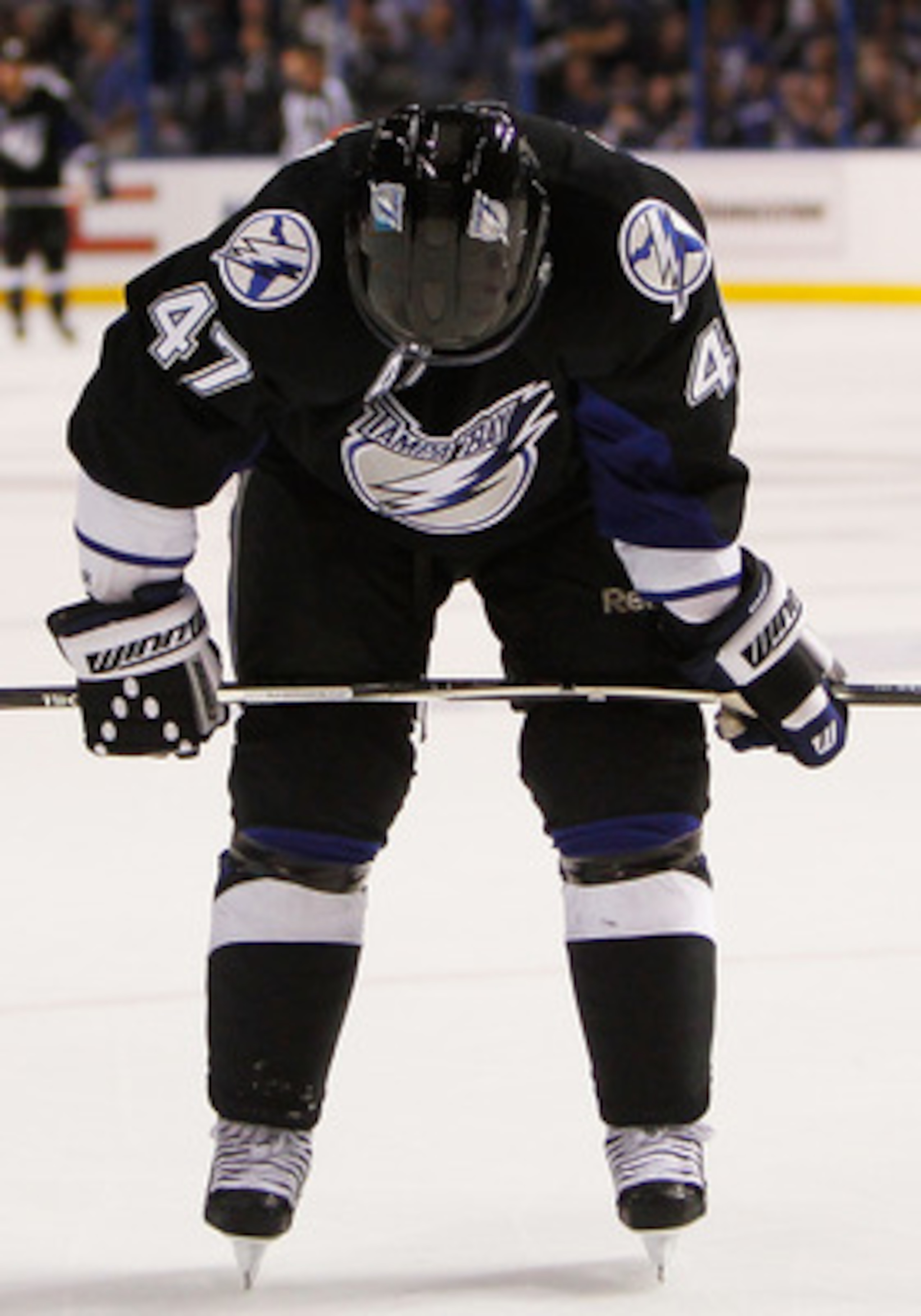 TAMPA, FL - MAY 19:  Marc-Andre Bergeron #47 of the Tampa Bay Lightning reacts in Game Three of the Eastern Conference Finals against the Boston Bruins during the 2011 NHL Stanley Cup Playoffs at St Pete Times Forum on May 19, 2011 in Tampa, Florida.  (Ph