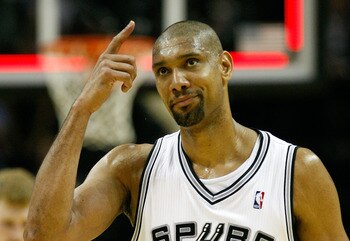 SAN ANTONIO, TX - APRIL 17:  Forward Tim Duncan #21 of the San Antonio Spurs reacts against the Memphis Grizzlies in Game One of the Western Conference Quarterfinals in the 2011 NBA Playoffs on April 17, 2011 at AT&T Center in San Antonio, Texas.  NOTE TO