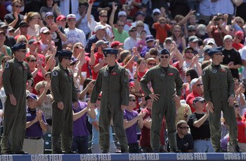 DENVER, CO - MAY 29:  US Air Force Pilots from Vance Air Force Base in Oklahoma are recognized on the eve of Memorial Day as the St. Louis Cardinals face the Colorado Rockies at Coors Field on May 29, 2011 in Denver, Colorado.  (Photo by Doug Pensinger/Ge