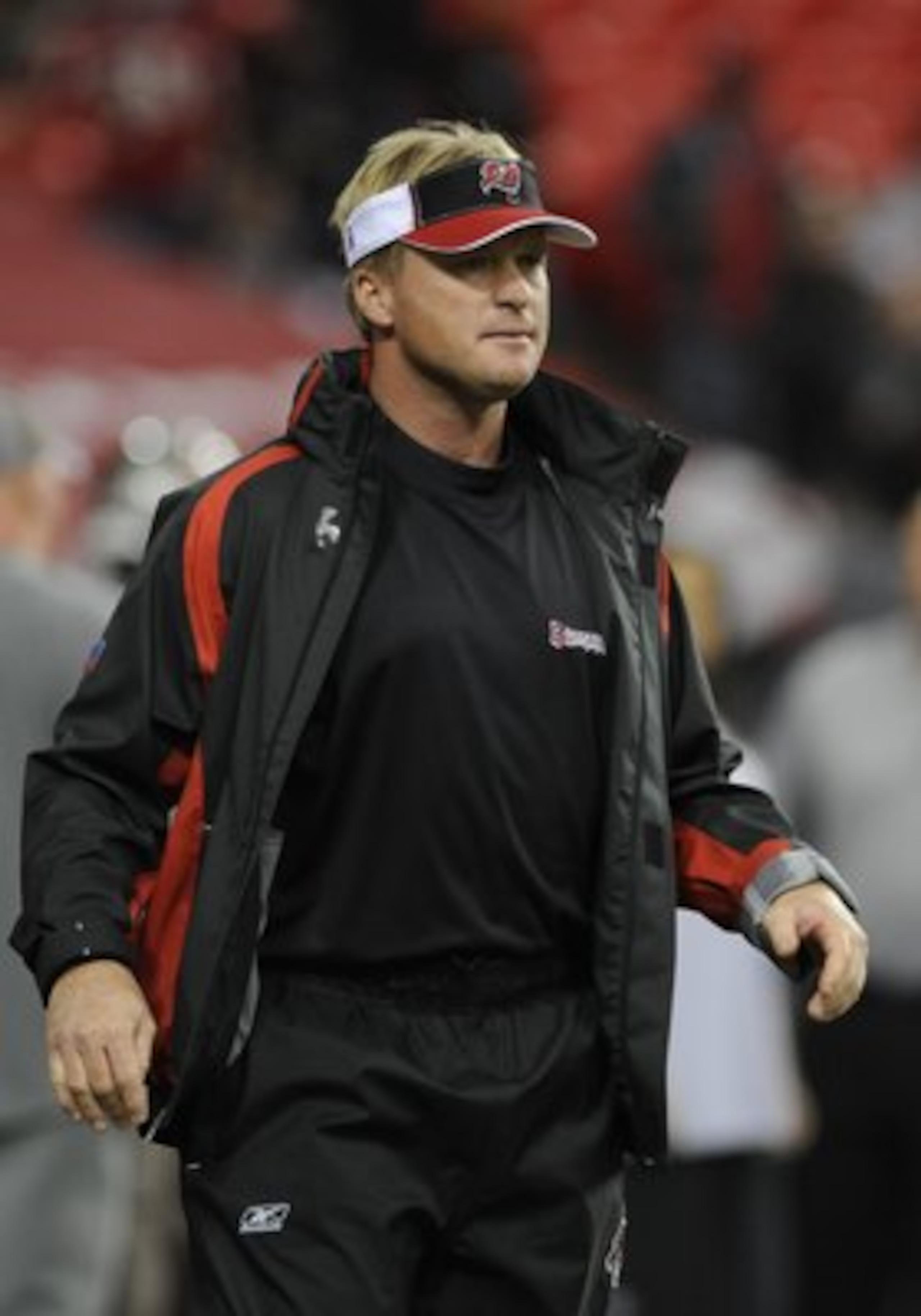 ATLANTA - DECEMBER 14: Coach Jon Gruden of the Tampa Bay Buccaneers directs play against the Atlanta Falcons at the Georgia Dome on December 14, 2008 in Atlanta, Georgia.  (Photo by Al Messerschmidt/Getty Images)