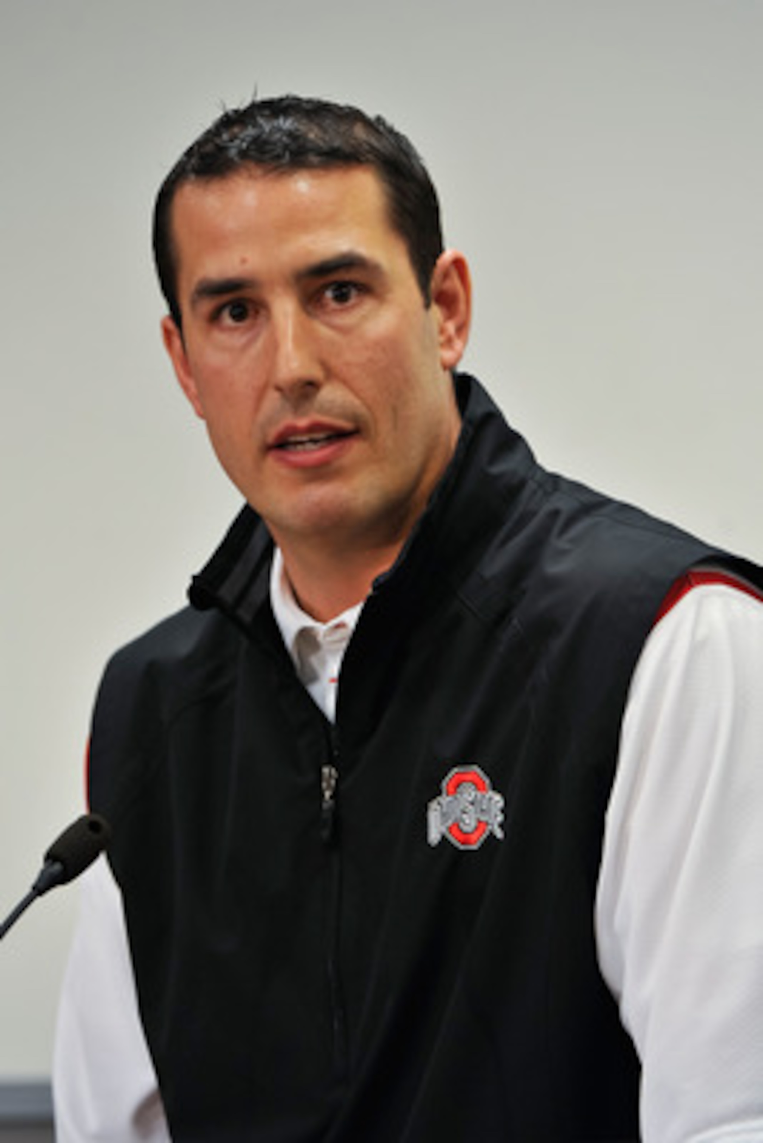 COLUMBUS, OH - MARCH 30:  Assistant Head Coach Luke Fickell speaks to the media during a press conference before the start of Spring practices at the Woody Hayes Athletic Center at The Ohio State University on March 30, 2011 in Columbus, Ohio. Fickell wil