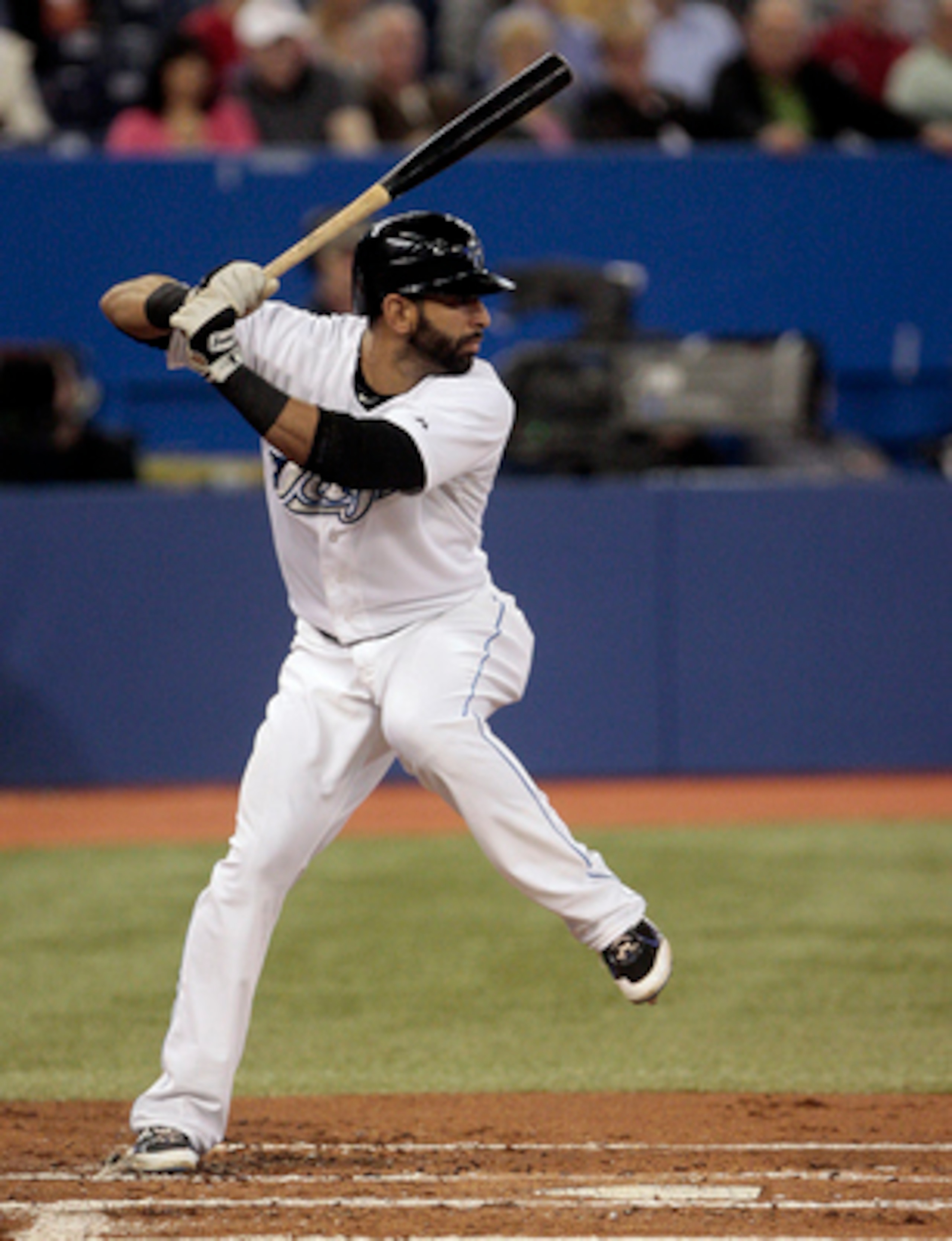TORONTO, CANADA - MAY 18: Jose Bautista #19 of the Toronto Blue Jays hits against the Tampa Bay Rays during MLB action at the Rogers Centre May 18, 2011 in Toronto, Ontario, Canada. (Photo by Abelimages/Getty Images)