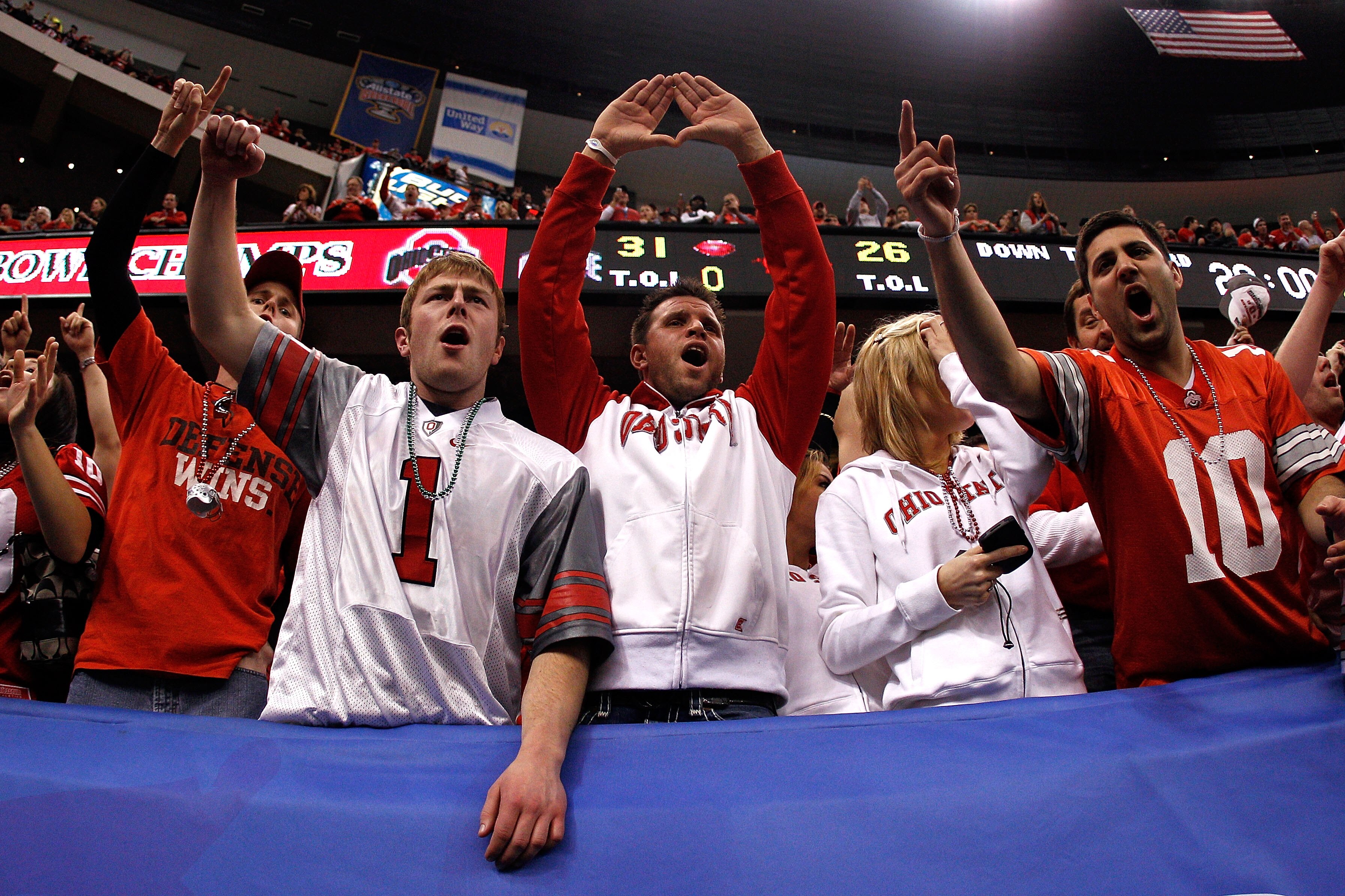 NEW ORLEANS, LA - JANUARY 04:  Ohio State Buckeyes cheer after the Buckeyes 31-26 victory against the Arkansas Razorbacks during the Allstate Sugar Bowl at the Louisiana Superdome on January 4, 2011 in New Orleans, Louisiana.  (Photo by Chris Graythen/Get