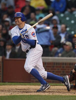 CHICAGO, IL - MAY 13:Jeff Baker #28 of the Chicago Cubshits a single in the 7th inning against the San Francisco Giants at Wrigley Field on May 13, 2011 in Chicago, Illinois. The Cubs defeated the Giants 11-4. (Photo by Jonathan Daniel/Getty Images)