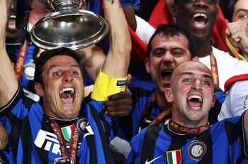 MADRID, SPAIN - MAY 22:  Javier Zanetti of Inter Milan lifts the UEFA Champions League trophy following their team's victory at the end of the UEFA Champions League Final match between FC Bayern Muenchen and Inter Milan at the Estadio Santiago Bernabeu on