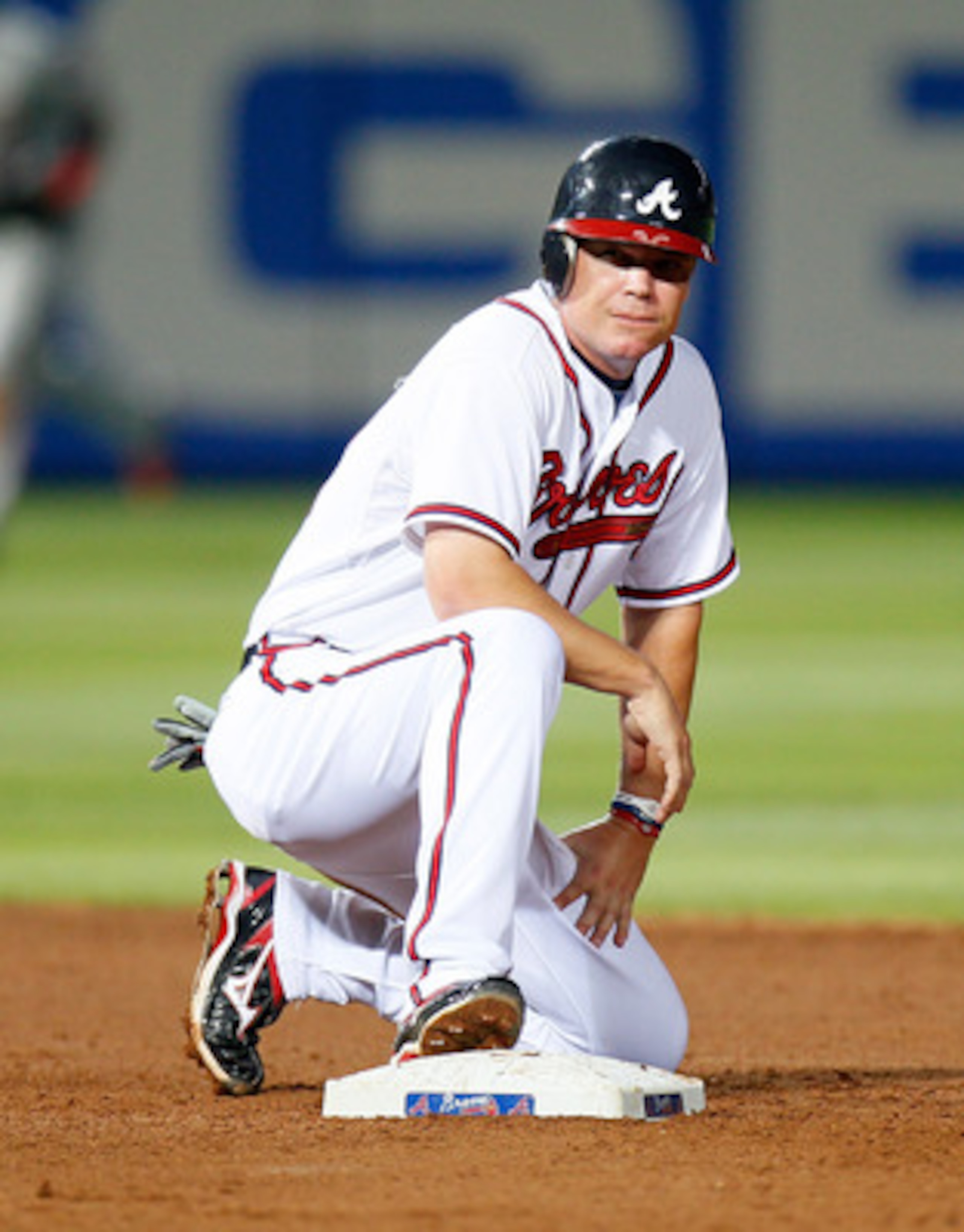 ATLANTA, GA - MAY 27:  Chipper Jones #10 of the Atlanta Braves reacts after being called out at second base in the fourth inning against the Cincinnati Reds at Turner Field on May 27, 2011 in Atlanta, Georgia.  (Photo by Kevin C. Cox/Getty Images)