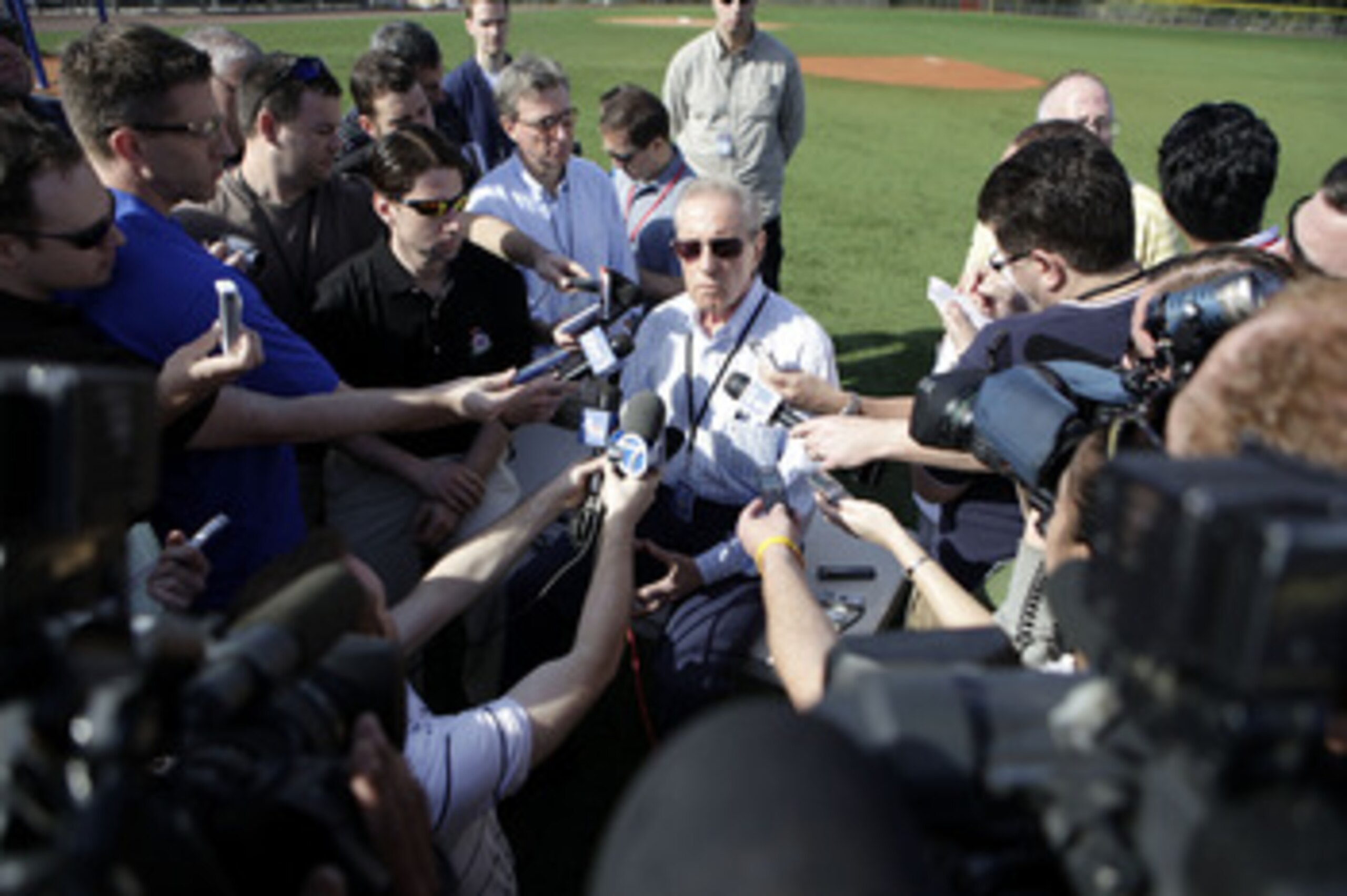 PORT ST. LUCIE, FL - FEBRUARY 17:  Owner Fred Wilpon of the New York Mets addresses the media during spring training at Tradition Field on February 17, 2011 in Port St. Lucie, Florida.  (Photo by Marc Serota/Getty Images)