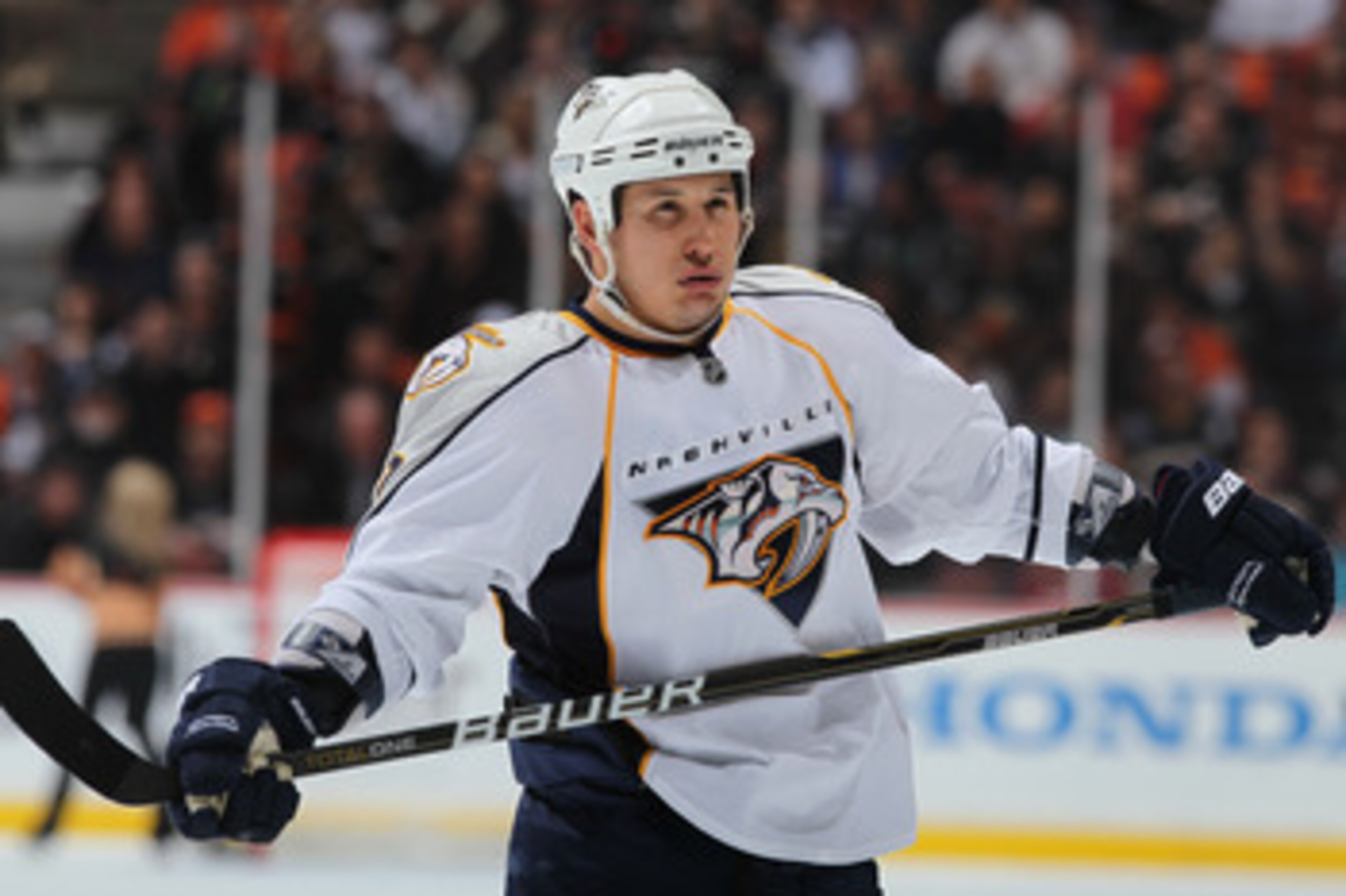 ANAHEIM, CA - APRIL 13: Jordin Tootoo #22 of the Nashville Predators looks on against the Anaheim Ducks in Game One of the Western Conference Quarterfinals during the 2011 NHL Stanley Cup Playoffs at Honda Center on April 13, 2011 in Anaheim, California. ANAHEIM, CA - APRIL 13: Jordin Tootoo #22 of the Nashville Predators looks on against the Anaheim Ducks in Game One of the Western Conference Quarterfinals during the 2011 NHL Stanley Cup Playoffs at Honda Center on April 13, 2011 in Anaheim, California.