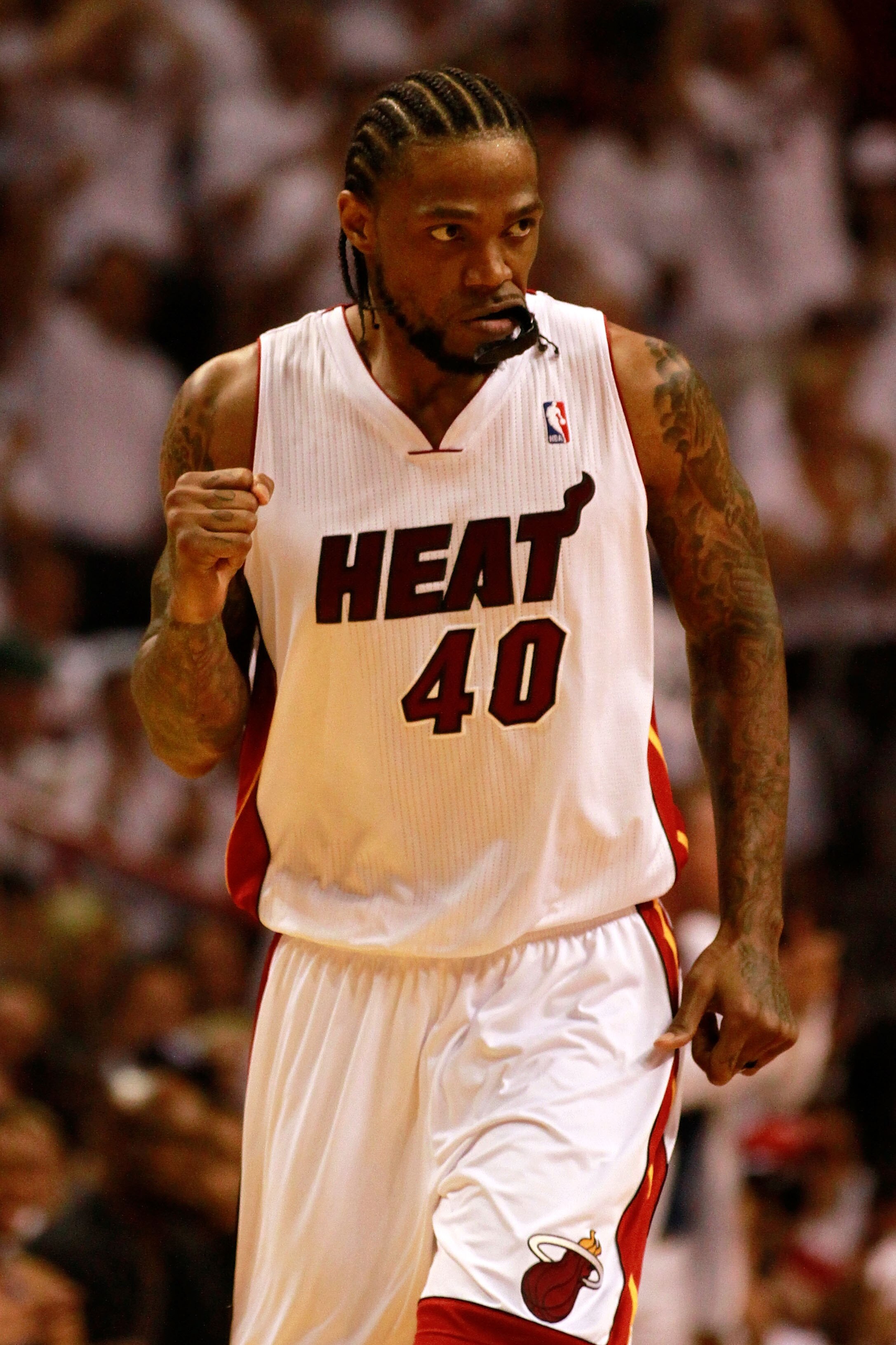MIAMI, FL - MAY 22:  Udonis Haslem #40 of the Miami Heat reacts against the Chicago Bulls in Game Three of the Eastern Conference Finals during the 2011 NBA Playoffs on May 22, 2011 at American Airlines Arena in Miami, Florida.  NOTE TO USER: User express
