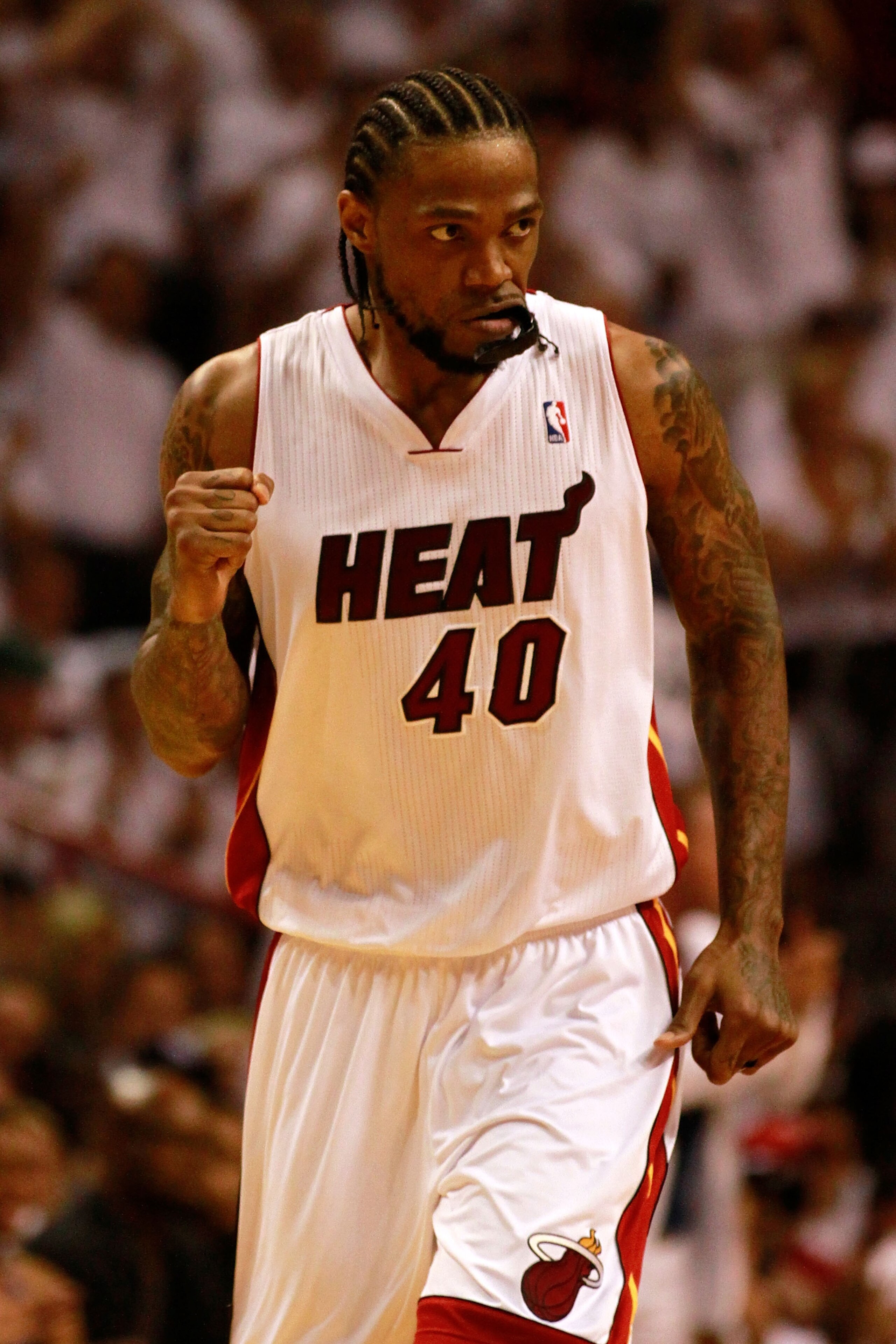 MIAMI, FL - MAY 22:  Udonis Haslem #40 of the Miami Heat reacts against the Chicago Bulls in Game Three of the Eastern Conference Finals during the 2011 NBA Playoffs on May 22, 2011 at American Airlines Arena in Miami, Florida.  NOTE TO USER: User express