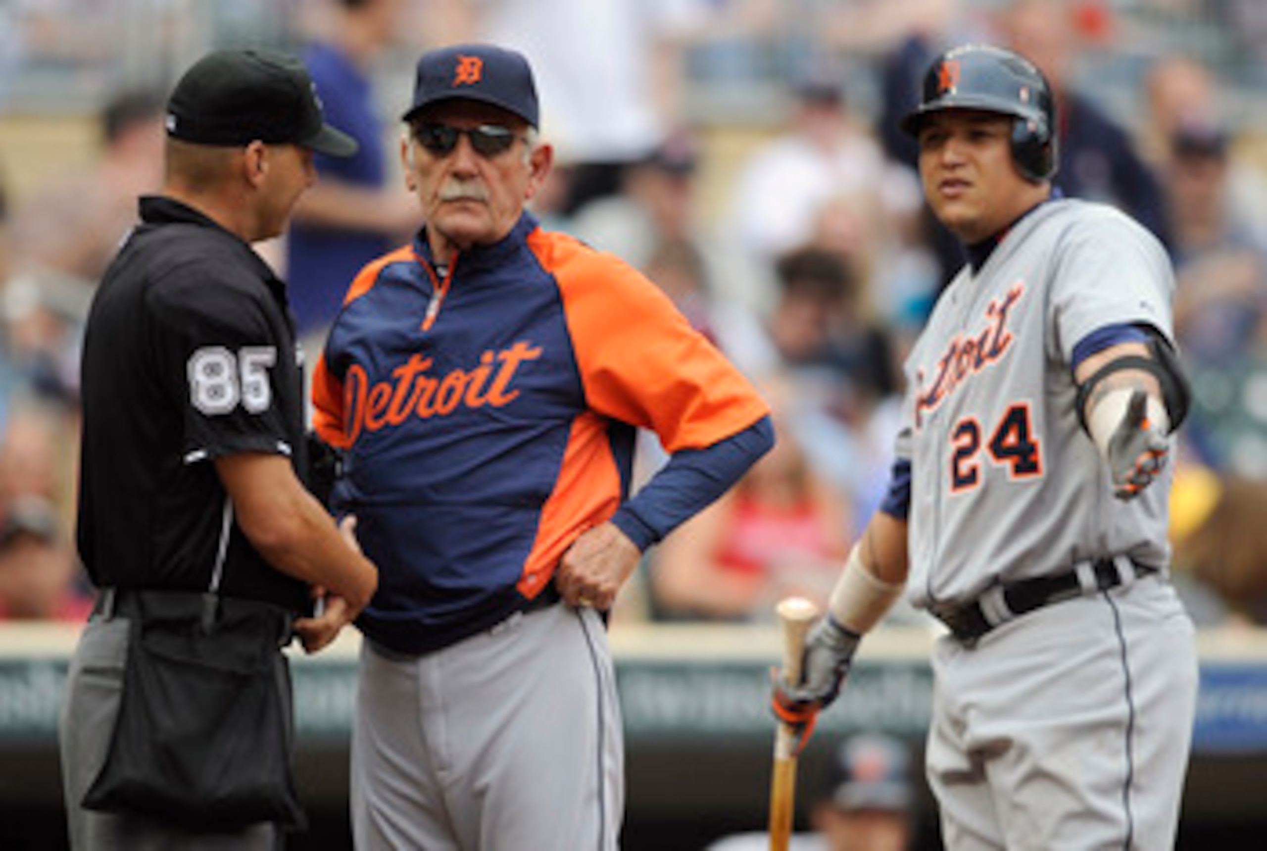 MINNEAPOLIS, MN - MAY 11: Manager Jim Leyland #10 of the Detroit Tigers gets between umpire Vic Carapazza #85 and Miguel Cabrera #24 of the Detroit Tigers after Cabrera was ejected by Carapazza during in the sixth inning of their game against the Minnesot