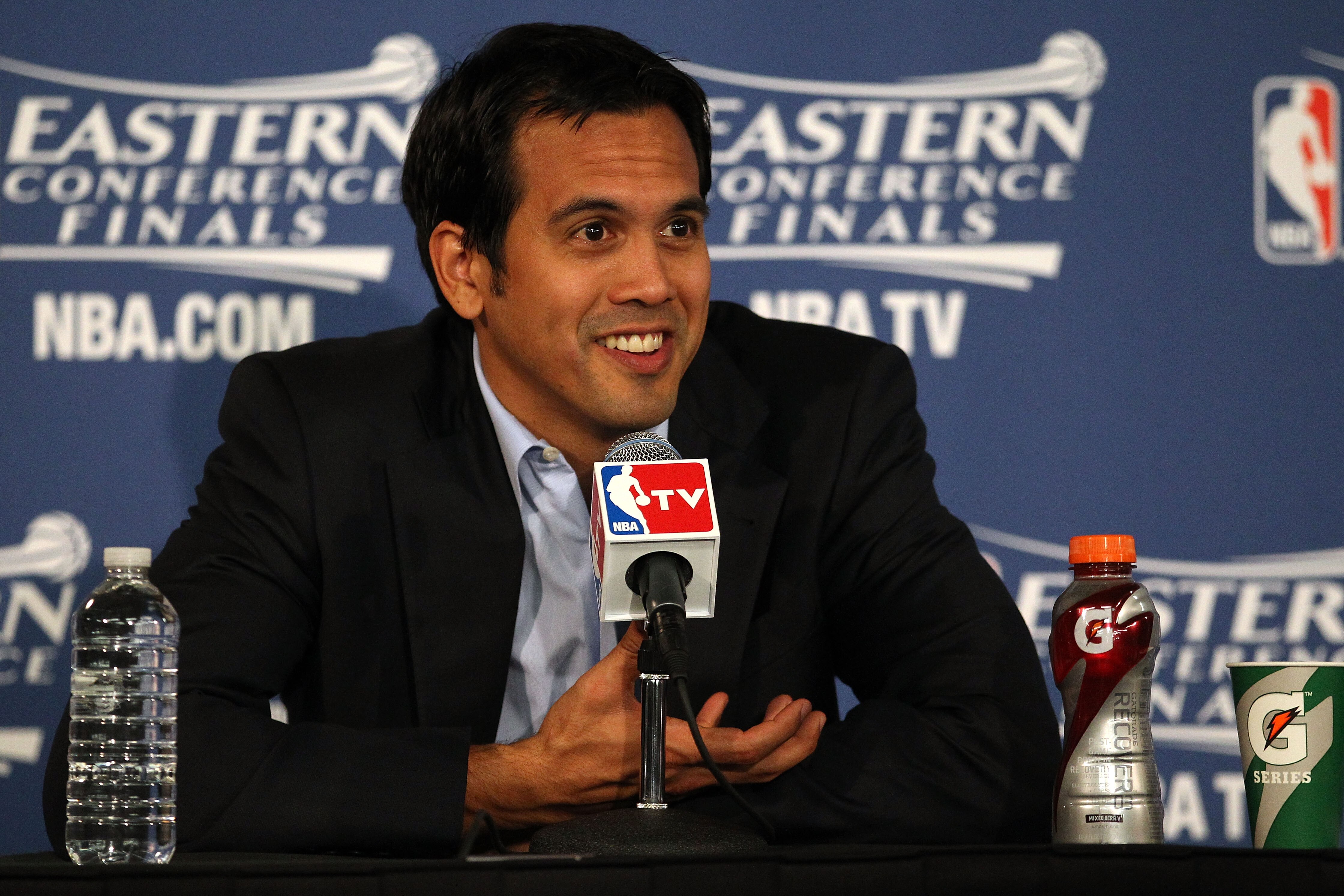 CHICAGO, IL - MAY 26:  Head coach Erik Spoelstra of the Miami Heat answers questions from the media after the Heat won 83-80 against the Chicago Bulls in Game Five of the Eastern Conference Finals during the 2011 NBA Playoffs on May 26, 2011 at the United