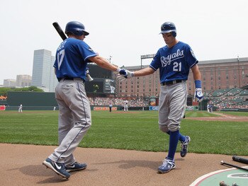 BALTIMORE, MD - MAY 26: Jeff Francoeur #21 of the Kansas City Royals is congratulated teammate Chris Getz #17 after scoring against the Baltimore Orioles during the second inning at Oriole Park at Camden Yards on May 26, 2011 in Baltimore, Maryland. (Pho BALTIMORE, MD - MAY 26: Jeff Francoeur #21 of the Kansas City Royals is congratulated teammate Chris Getz #17 after scoring against the Baltimore Orioles during the second inning at Oriole Park at Camden Yards on May 26, 2011 in Baltimore, Maryland. (Pho