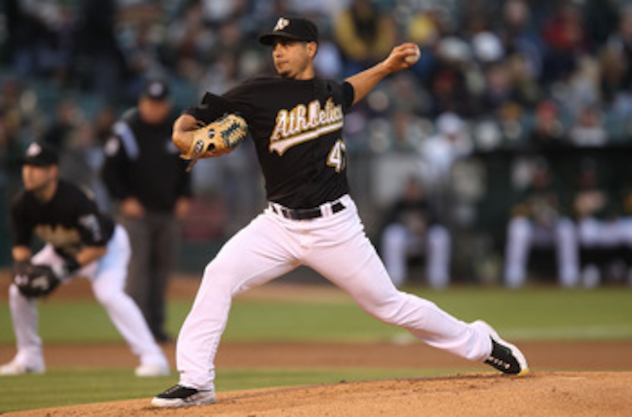 OAKLAND, CA - SEPTEMBER 08:  Gio Gonzalez #47 of the Oakland Athletics pitches against the Seattle Mariners during a Major League Baseball game at the Oakland-Alameda County Coliseum on September 8, 2010 in Oakland, California.  (Photo by Jed Jacobsohn/Ge
