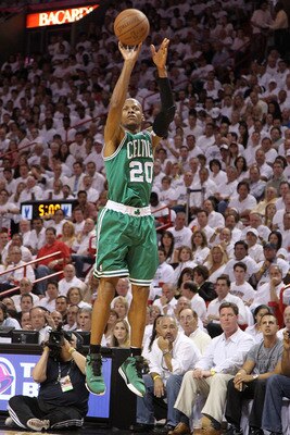 MIAMI, FL - MAY 11: Ray Allen #20 of the Boston Celtics shoots a jump shot during Game Five of the Eastern Conference Semifinals of the 2011 NBA Playoffs against the Miami Heat at American Airlines Arena on May 11, 2011 in Miami, Florida. NOTE TO USER: Us