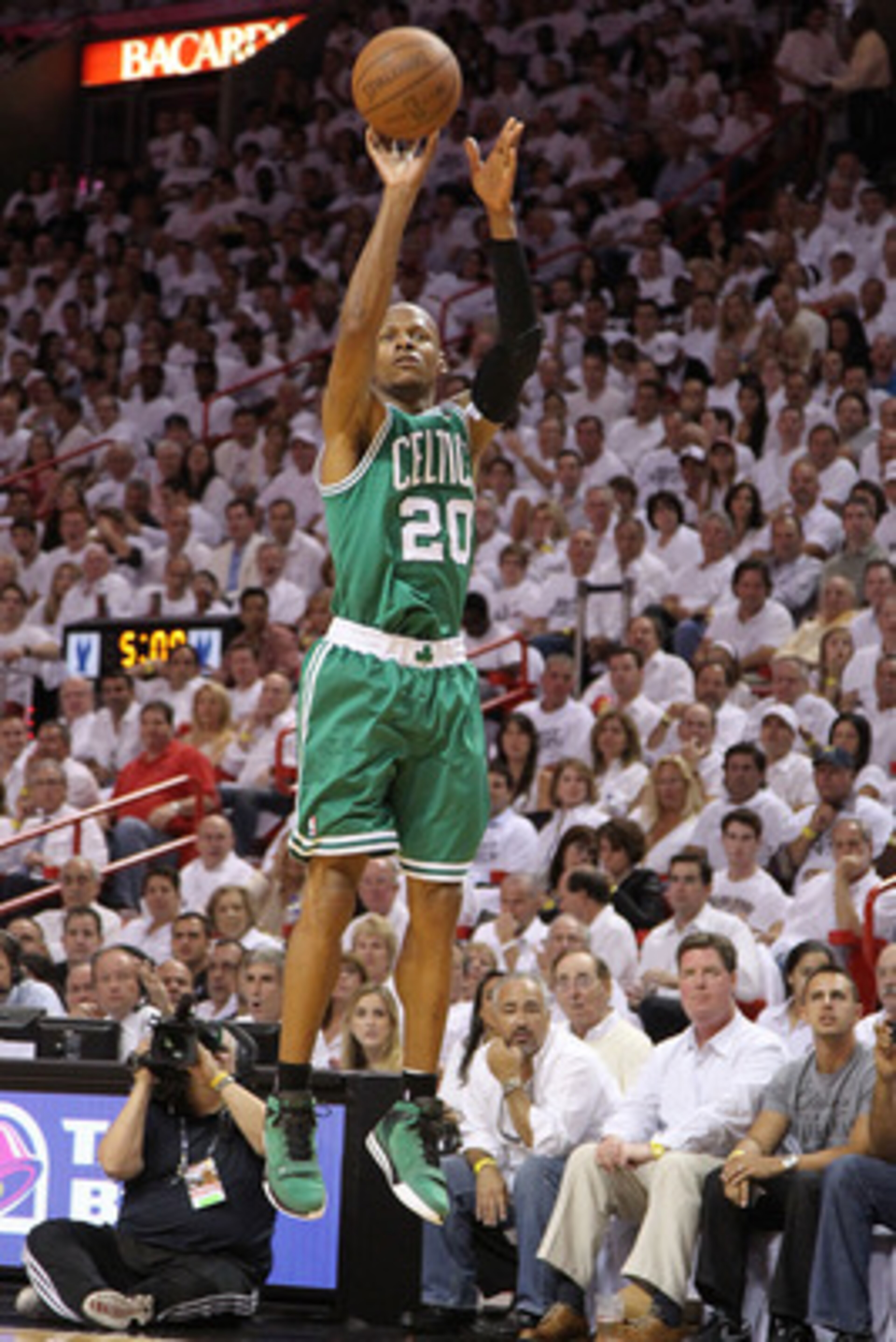 MIAMI, FL - MAY 11: Ray Allen #20 of the Boston Celtics shoots a jump shot during Game Five of the Eastern Conference Semifinals of the 2011 NBA Playoffs against the Miami Heat at American Airlines Arena on May 11, 2011 in Miami, Florida. NOTE TO USER: Us