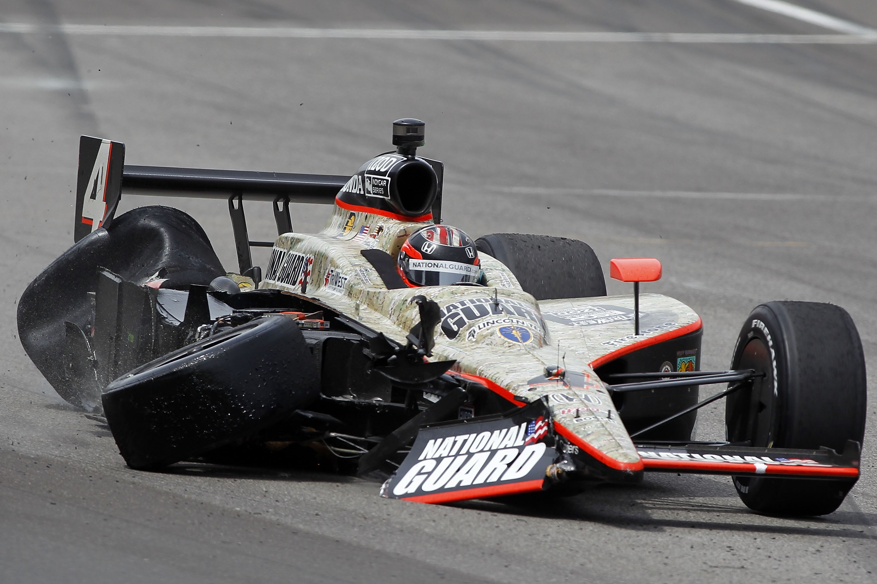 INDIANAPOLIS - MAY 29:  J.R. Hildebrand driver of the #4 National Guard Panther Racing finishes second after crashing during the IZOD IndyCar Series Indianapolis 500 Mile Race at Indianapolis Motor Speedway on May 29, 2011 in Indianapolis, Indiana.  (Phot