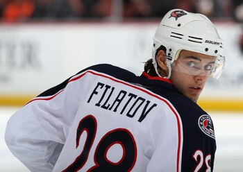 ANAHEIM, CA - NOVEMBER 19:  Nikita Filatov #28 of the Columbus Blue Jackets looks on prior to the start of the game against the Anaheim Ducks at the Honda Center on November 19, 2010 in Anaheim, California.  (Photo by Jeff Gross/Getty Images)