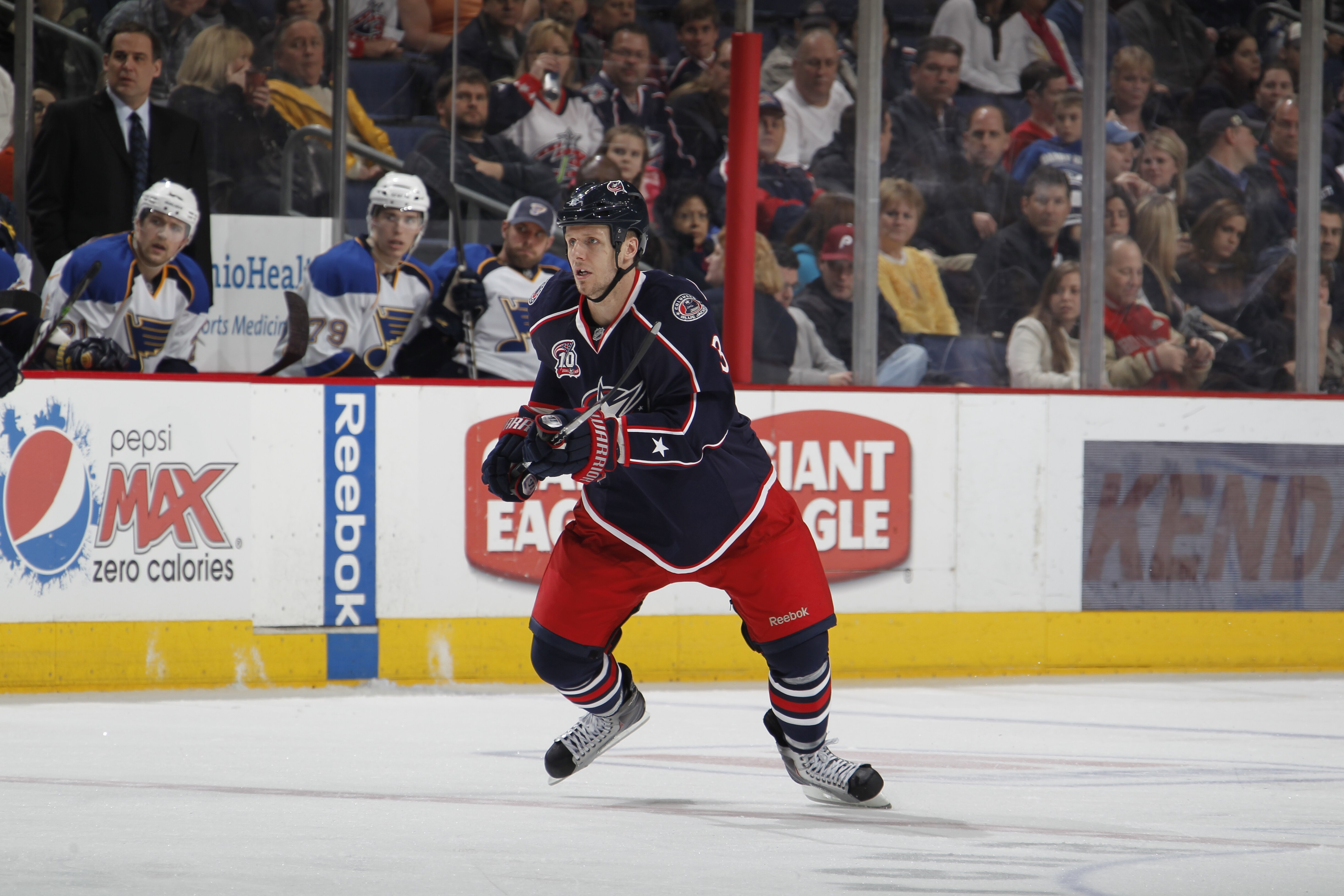 COLUMBUS, OH - MARCH 09:  Marc Methot #3 of the Columbus Blue Jackets skates against the St. Louis Blues on March 9, 2011 at Nationwide Arena in Columbus, Ohio.  (Photo by Gregory Shamus/Getty Images)