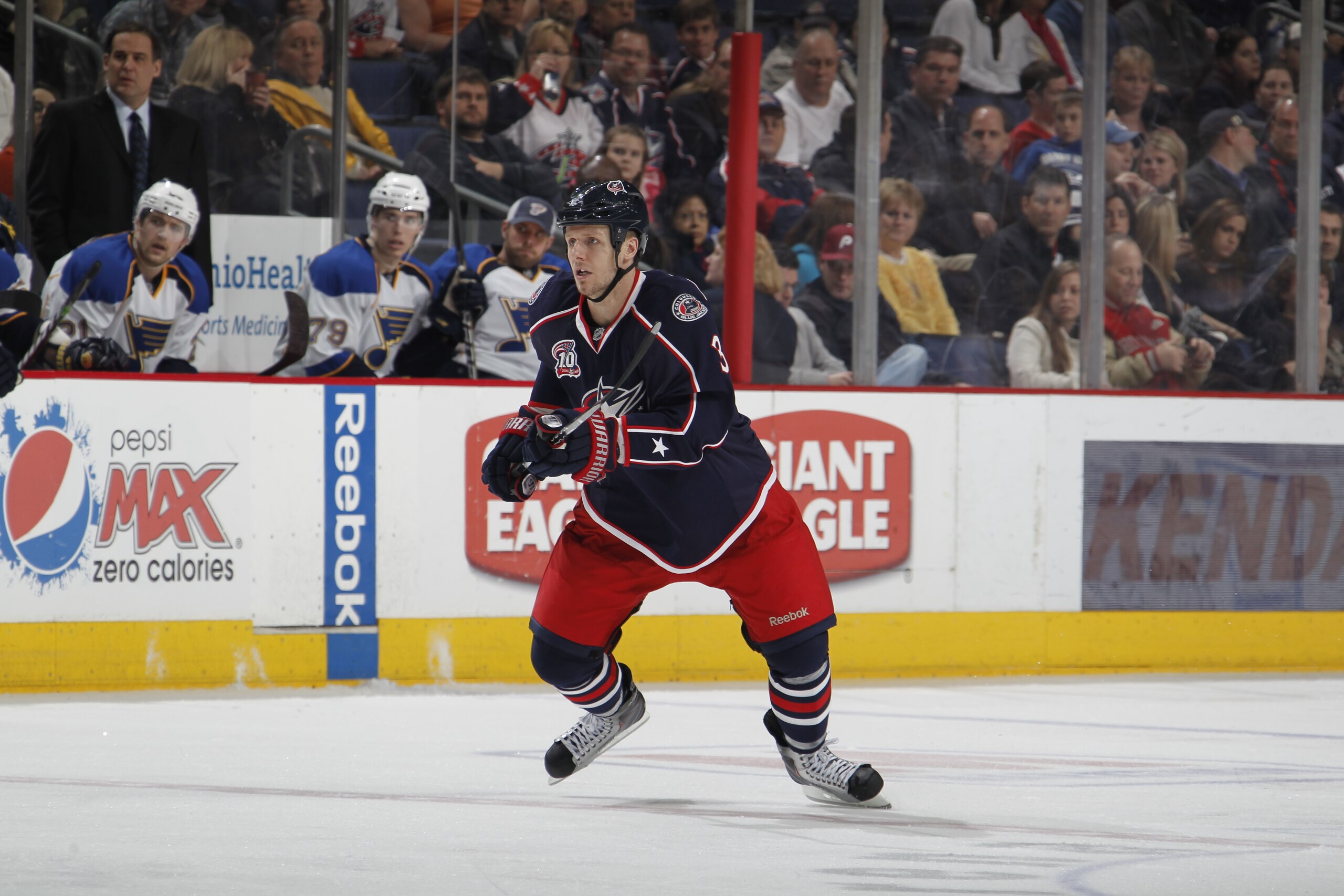 COLUMBUS, OH - MARCH 09:  Marc Methot #3 of the Columbus Blue Jackets skates against the St. Louis Blues on March 9, 2011 at Nationwide Arena in Columbus, Ohio.  (Photo by Gregory Shamus/Getty Images)