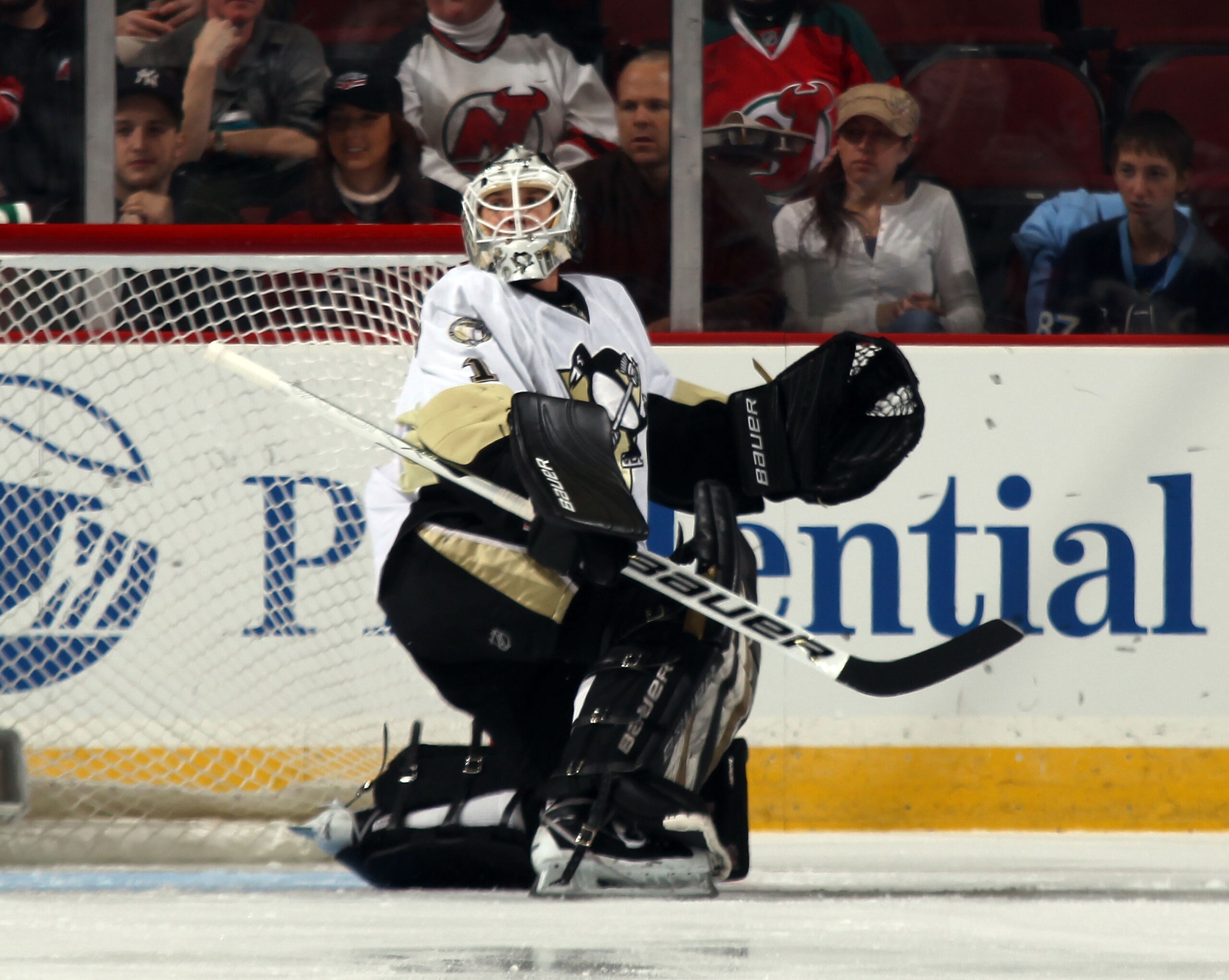 NEWARK, NJ - MARCH 04:  Brent Johnson #1 of the Pittsburgh Penguins tends net against the New Jersey Devils at the Prudential Center on March 4, 2011 in Newark, New Jersey. The Devils defeated the Penguins 2-1 in overtime.  (Photo by Bruce Bennett/Getty I