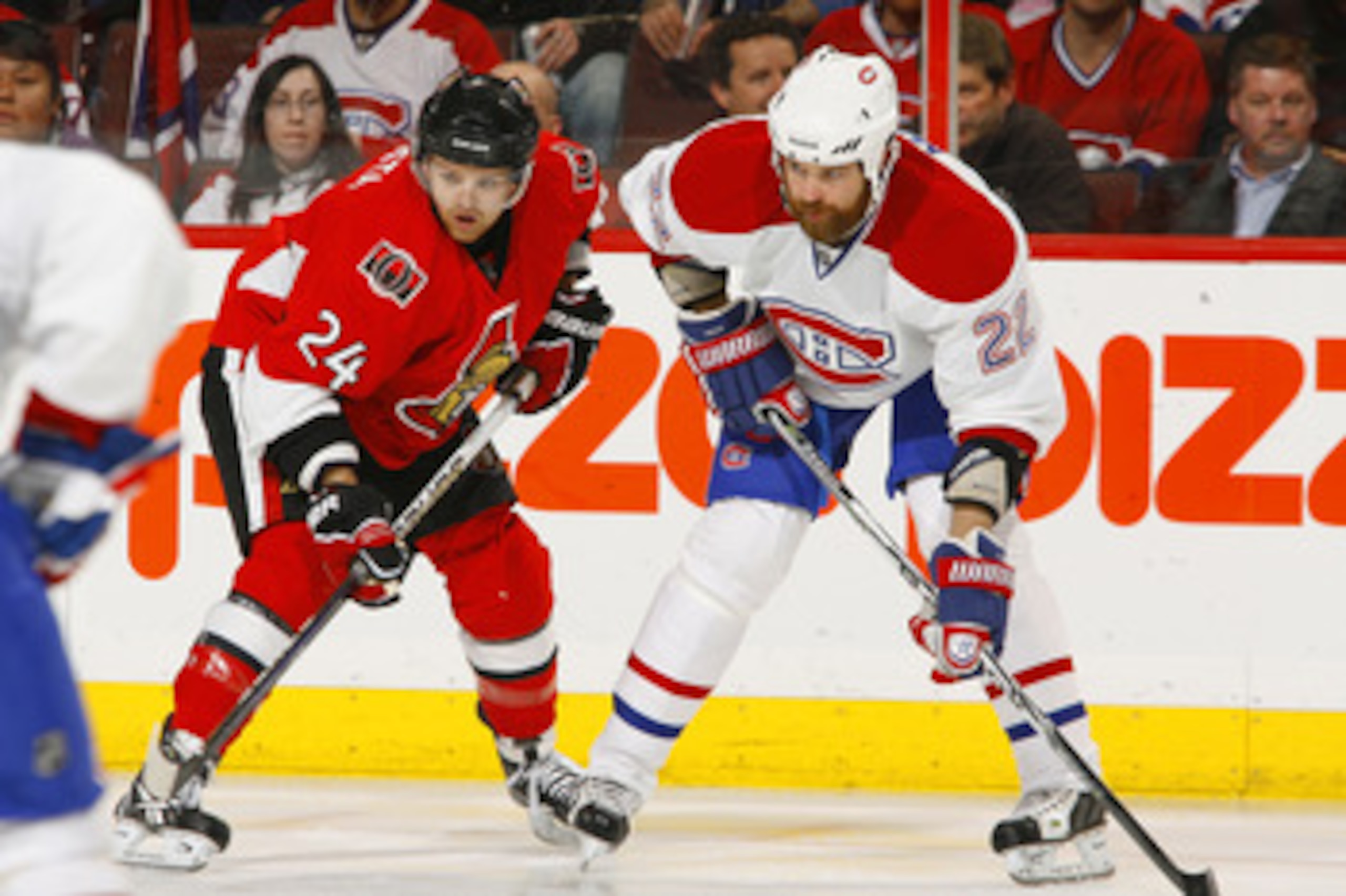 OTTAWA, CANADA - APRIL 07: Stephane Da Costa #24 of the Ottawa Senators lines up for a faceoff across from Paul Mara #22 of the Montreal Canadiens in a game at Scotiabank Place on April 7, 2011 in Ottawa, Canada. (Photo by Phillip MacCallum/Getty Images OTTAWA, CANADA - APRIL 07: Stephane Da Costa #24 of the Ottawa Senators lines up for a faceoff across from Paul Mara #22 of the Montreal Canadiens in a game at Scotiabank Place on April 7, 2011 in Ottawa, Canada. (Photo by Phillip MacCallum/Getty Images