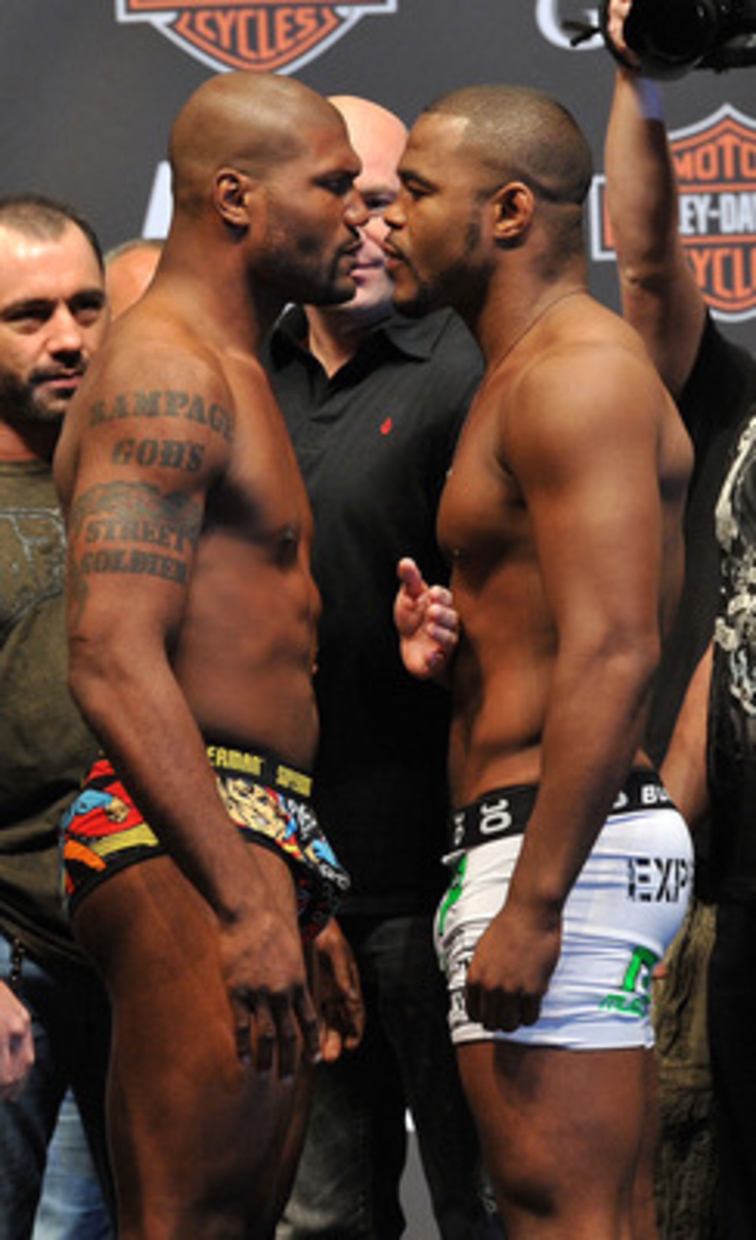 LAS VEGAS - MAY 28: UFC fighter Quinton 'Rampage' Jackson (L) faces off against UFC fighter Rashad Evans (R) at UFC 114: Rampage versus Rashad at the Mandalay Bay Hotel on May 28, 2010 in Las Vegas, Nevada. (Photo by Jon Kopaloff/Getty Images) LAS VEGAS - MAY 28: UFC fighter Quinton 'Rampage' Jackson (L) faces off against UFC fighter Rashad Evans (R) at UFC 114: Rampage versus Rashad at the Mandalay Bay Hotel on May 28, 2010 in Las Vegas, Nevada. (Photo by Jon Kopaloff/Getty Images)