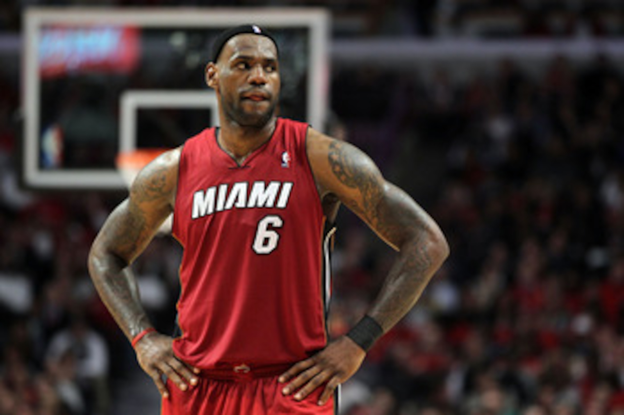 CHICAGO, IL - MAY 26:  LeBron James #6 of the Miami Heat looks on against the Miami Heat in Game Five of the Eastern Conference Finals during the 2011 NBA Playoffs on May 26, 2011 at the United Center in Chicago, Illinois. NOTE TO USER: User expressly ack