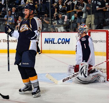 NASHVILLE, TN - APRIL 08:  Patric Hornqvist #27 of the Nashville Predators celebrates after scoring a goal on Steve Mason #1 of the Columbus Blue Jackets on April 8, 2011 at the Bridgestone Arena in Nashville, Tennessee.  (Photo by Frederick Breedon/Getty