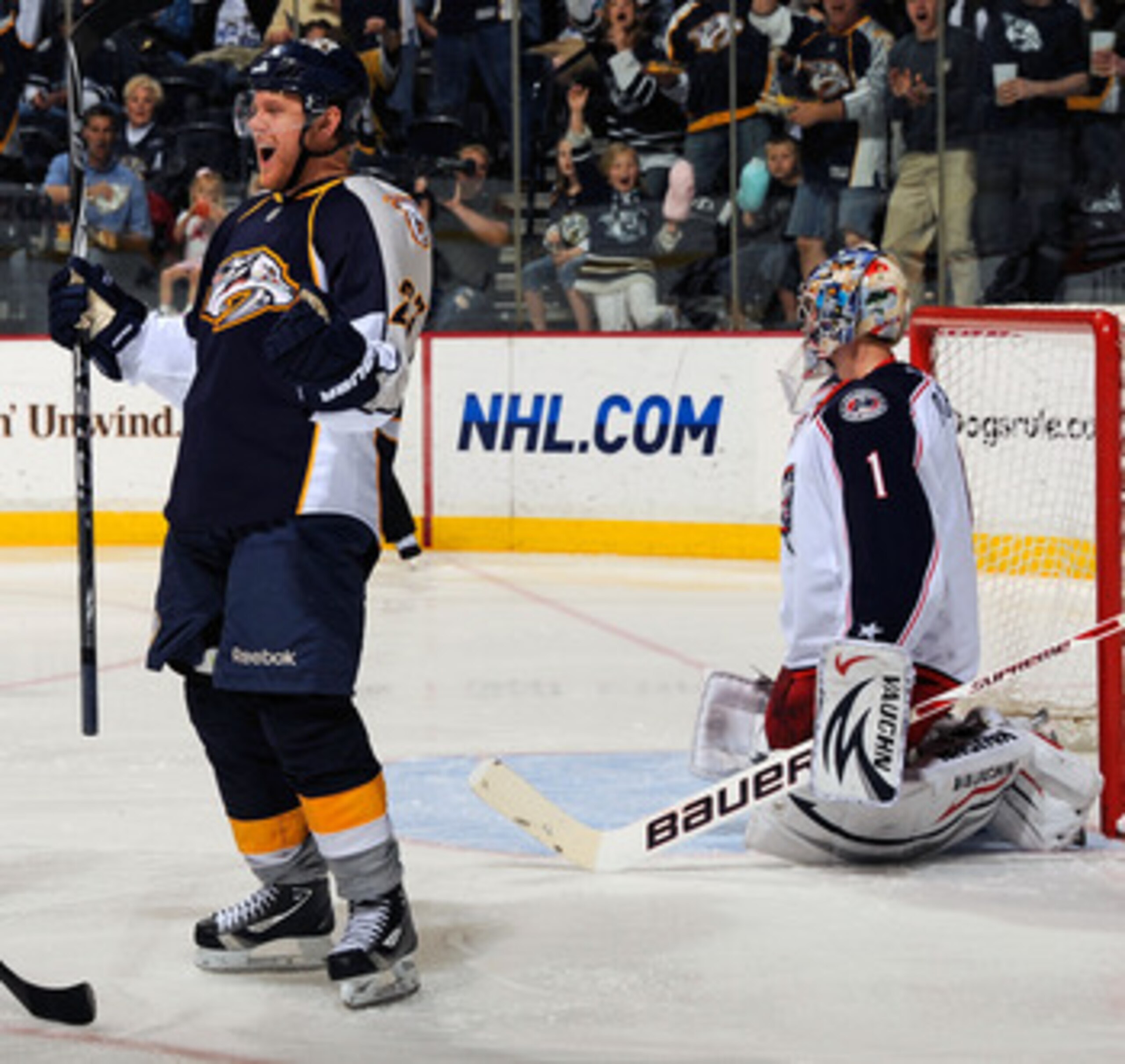 NASHVILLE, TN - APRIL 08: Patric Hornqvist #27 of the Nashville Predators celebrates after scoring a goal on Steve Mason #1 of the Columbus Blue Jackets on April 8, 2011 at the Bridgestone Arena in Nashville, Tennessee. (Photo by Frederick Breedon/Getty NASHVILLE, TN - APRIL 08: Patric Hornqvist #27 of the Nashville Predators celebrates after scoring a goal on Steve Mason #1 of the Columbus Blue Jackets on April 8, 2011 at the Bridgestone Arena in Nashville, Tennessee. (Photo by Frederick Breedon/Getty