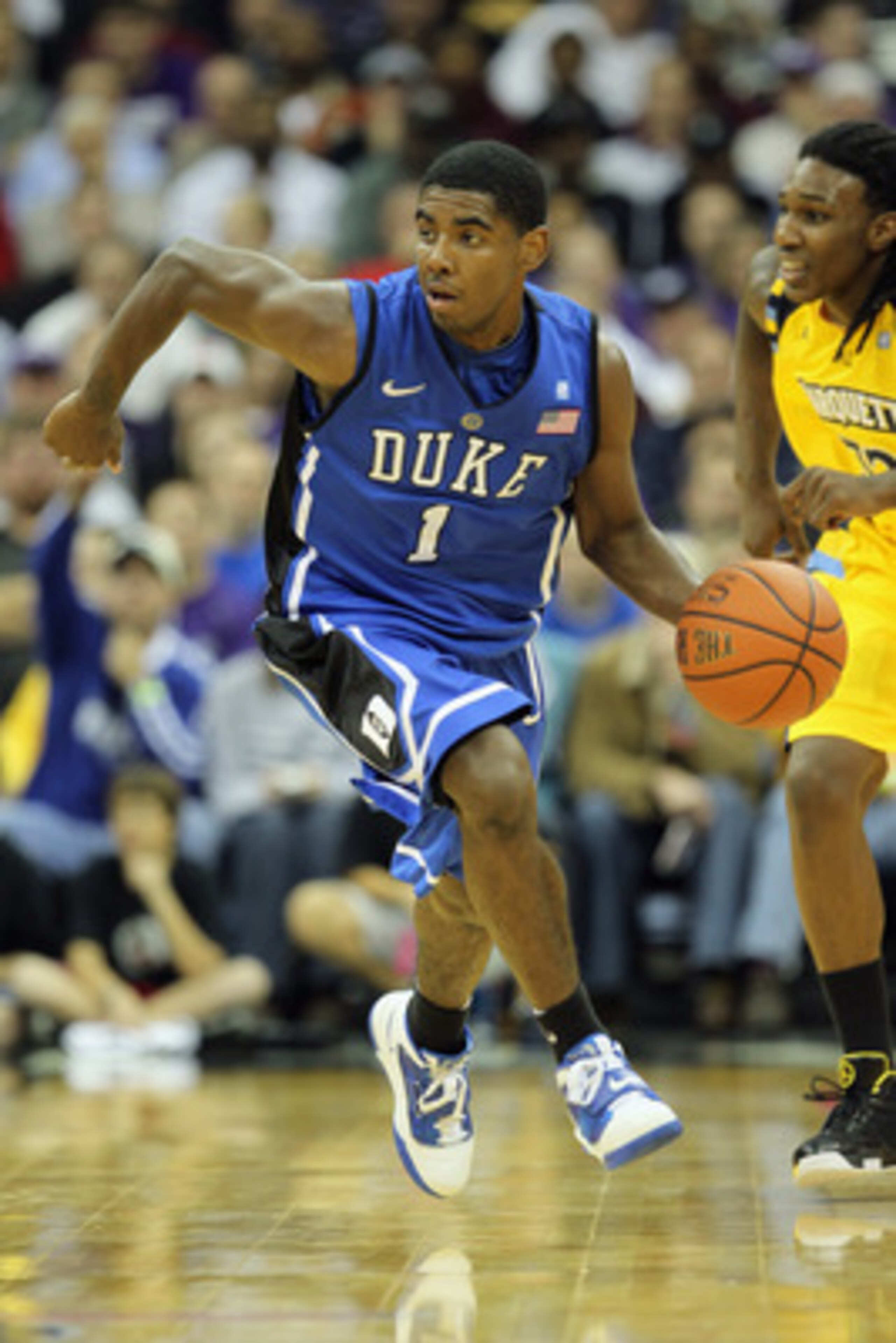 KANSAS CITY, MO - NOVEMBER 22:  Kyrie Irving #1 of the Duke Blue Devils in action during the CBE Classic game against the Marquette Golden Eagles on November 22, 2010 at the Sprint Center in Kansas City, Missouri.  (Photo by Jamie Squire/Getty Images)