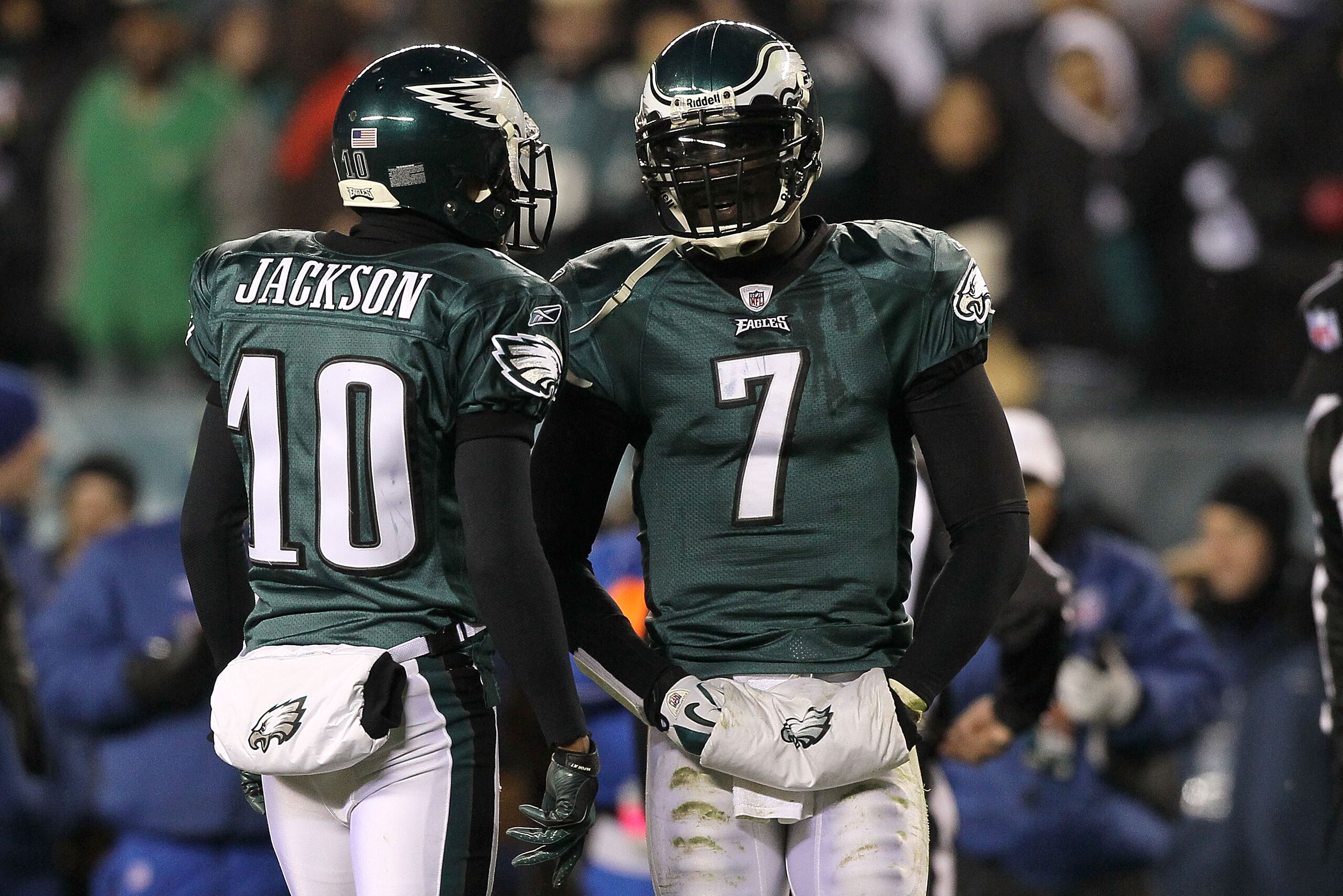 PHILADELPHIA, PA - DECEMBER 02: Quarterback Michael Vick #7 and DeSean Jackson #10 of the Philadelphia Eagles talk on the field against the Houston Texans at Lincoln Financial Field on December 2, 2010 in Philadelphia, Pennsylvania. (Photo by Jim McIsaa PHILADELPHIA, PA - DECEMBER 02: Quarterback Michael Vick #7 and DeSean Jackson #10 of the Philadelphia Eagles talk on the field against the Houston Texans at Lincoln Financial Field on December 2, 2010 in Philadelphia, Pennsylvania. (Photo by Jim McIsaa