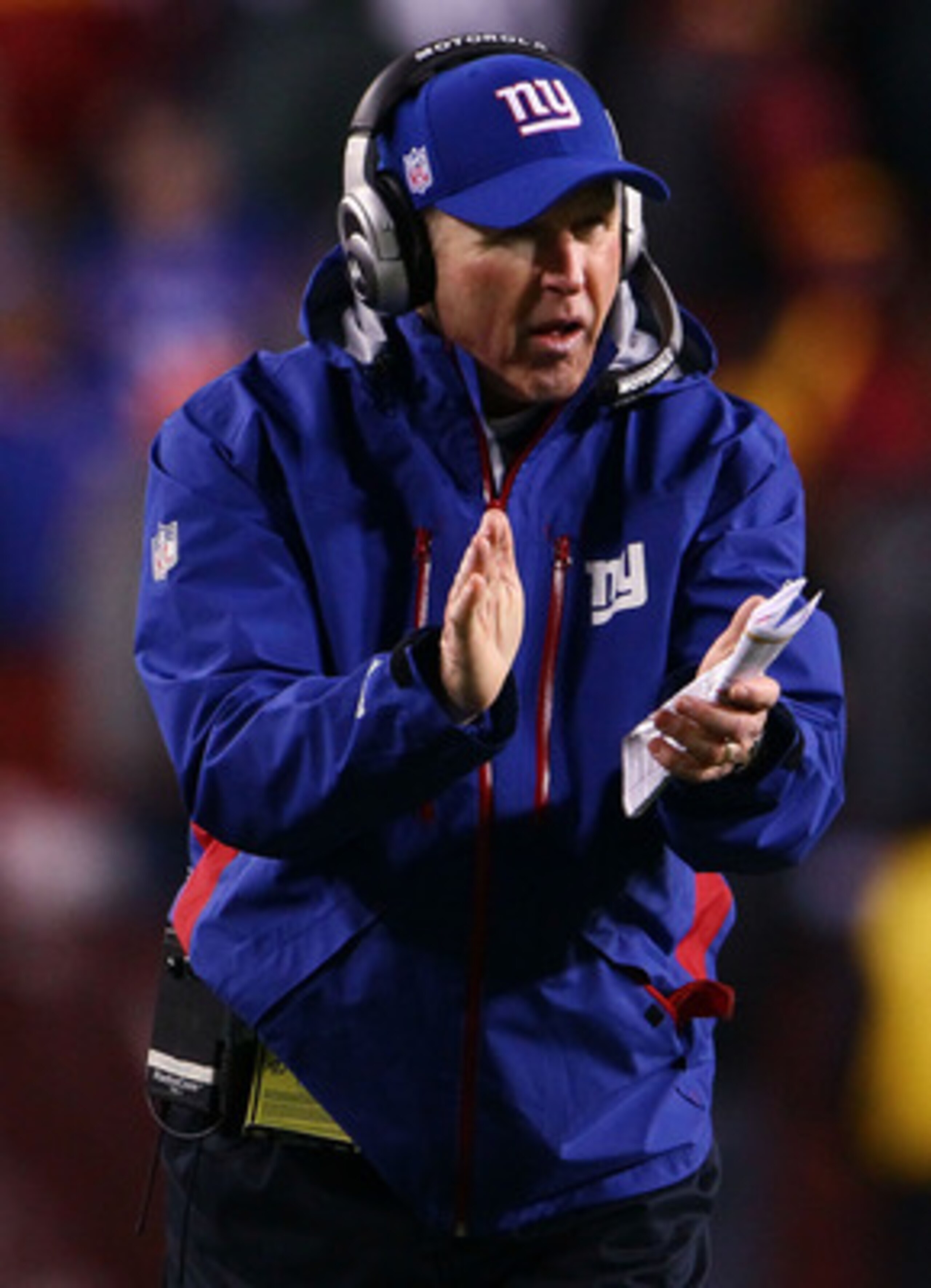 LANDOVER, MD - JANUARY 02:  Head coach Tom Coughlin of the New York Giants encourages his players in the fourth quarter against the Washington Redskins at FedEx Field on January 2, 2011 in Landover, Maryland. The Giants won the game 17-14.  (Photo by Win 
